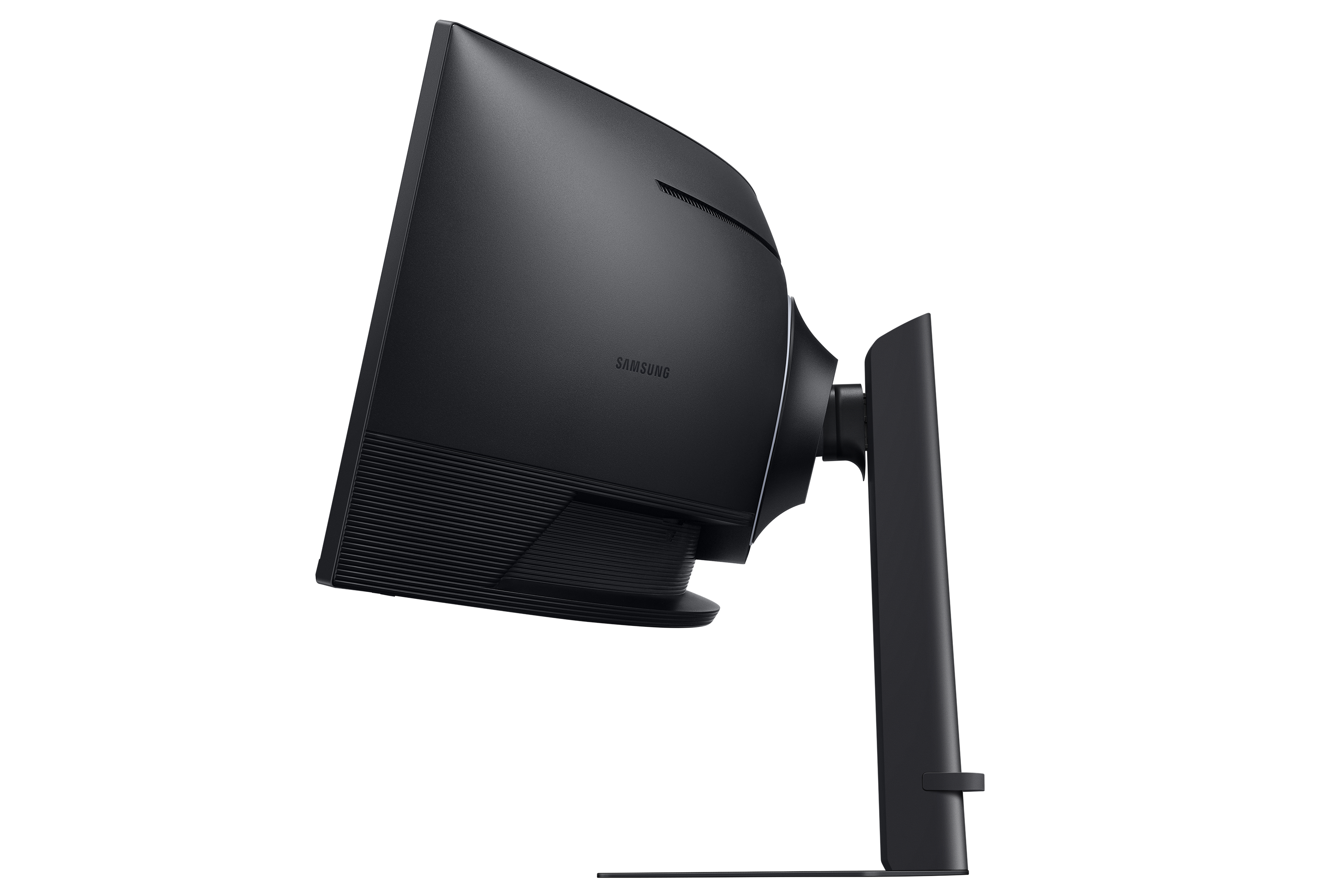 Rear view of a black Samsung monitor with ribbed texture and stand.