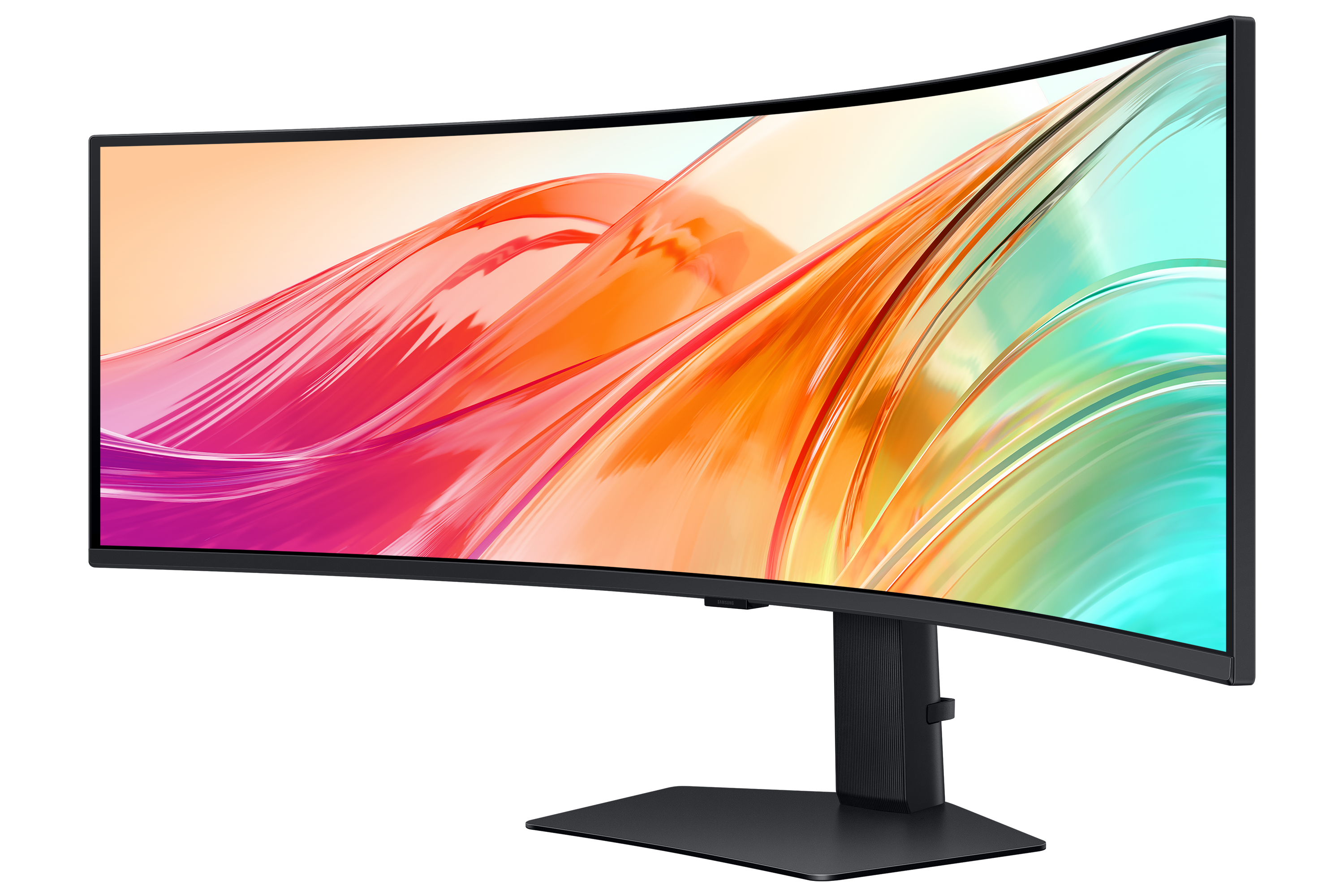A curved black monitor displaying an abstract colorful background.