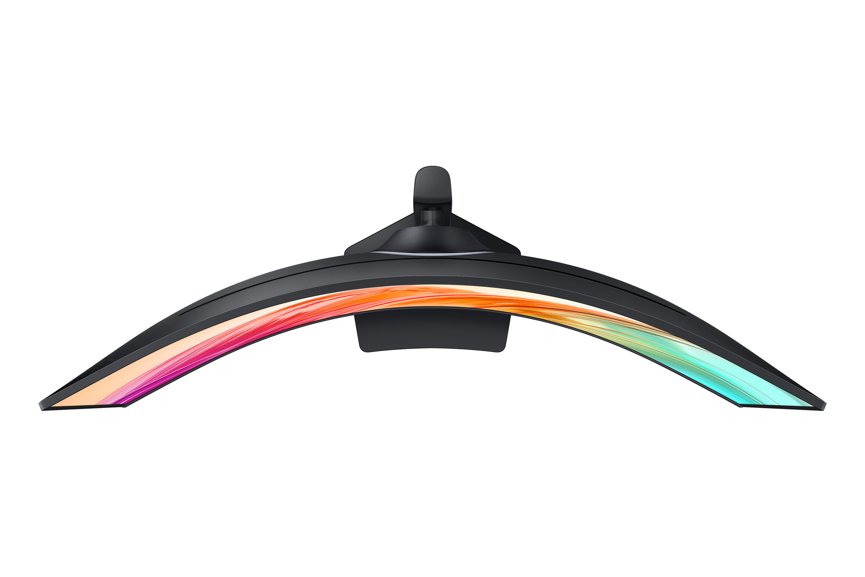 A curved monitor stand with RGB lighting in pink, orange, and blue.