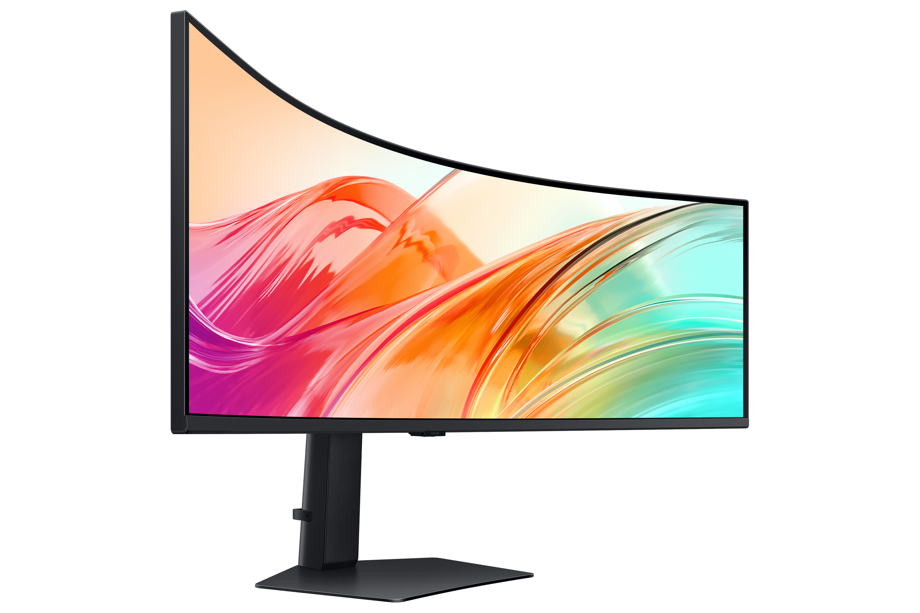 A curved monitor displaying a colorful, abstract background.