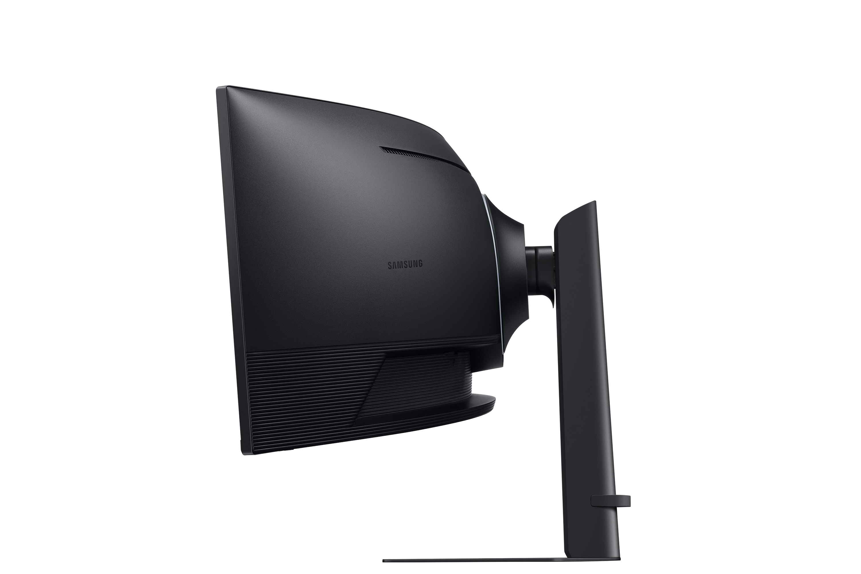 Back view of a black Samsung monitor with ventilation slots and stand.