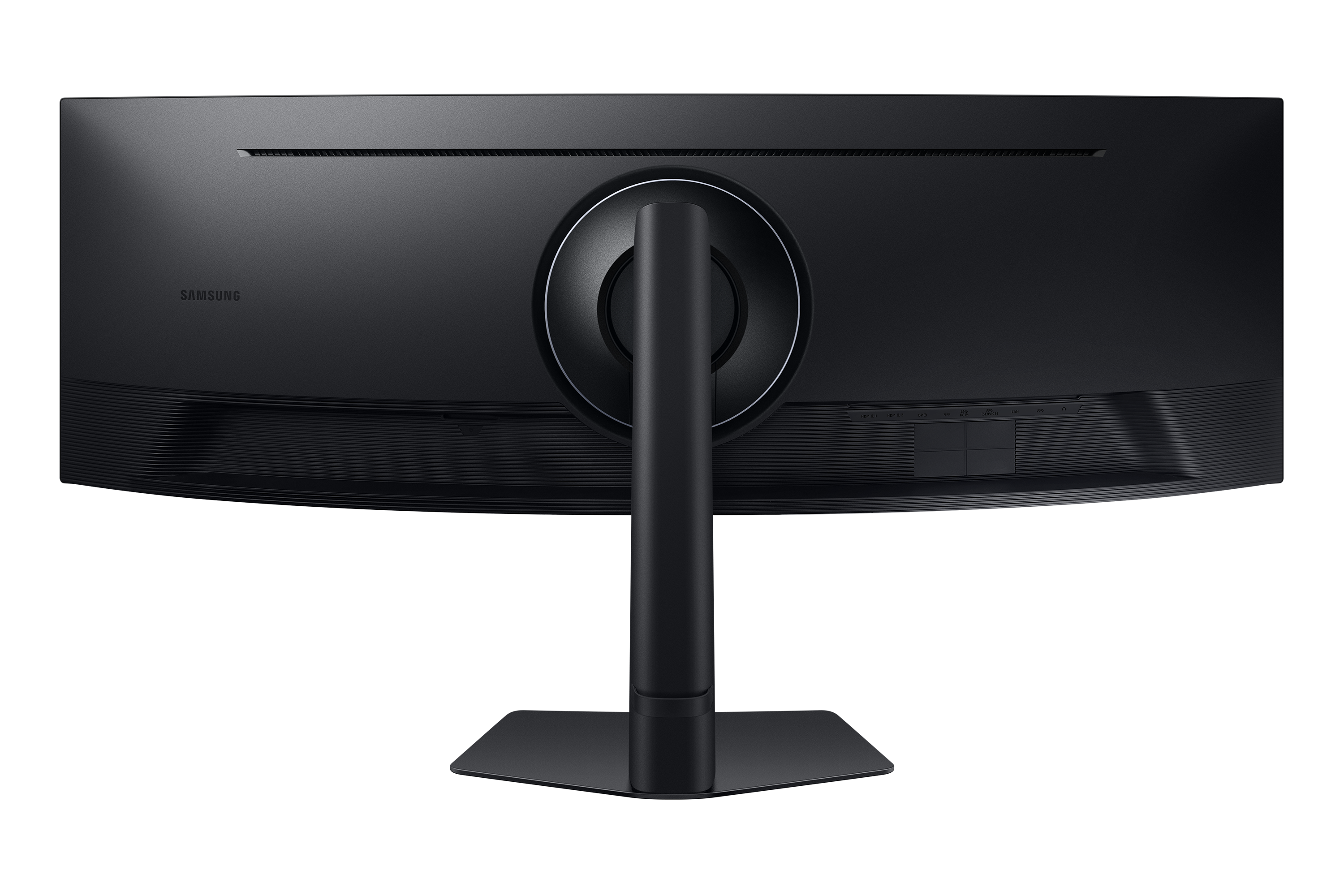 Back view of a black Samsung monitor with stand and ports.