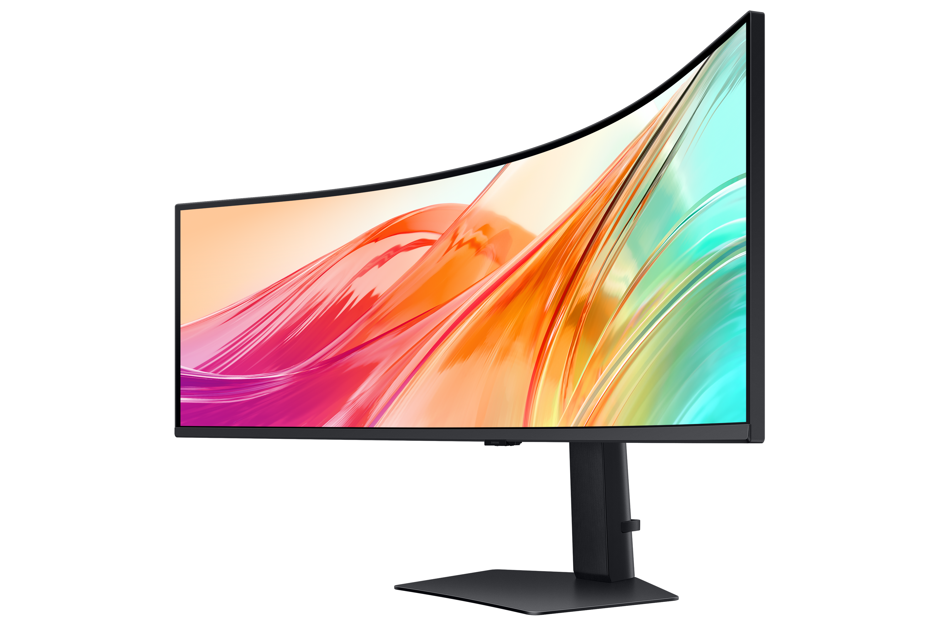 A curved monitor displays an abstract, colorful pattern on its screen.