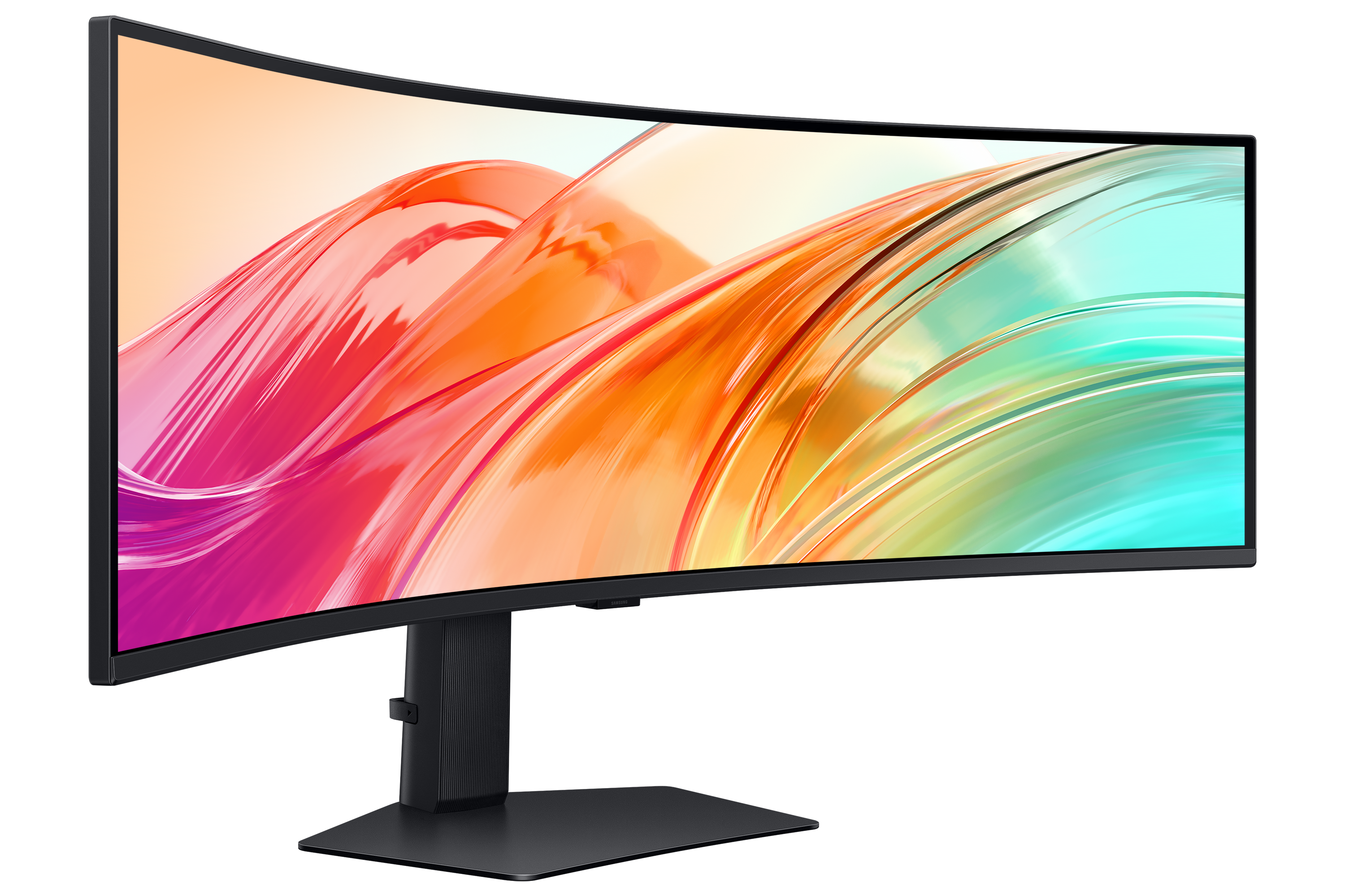A curved black monitor displaying a colorful abstract background.