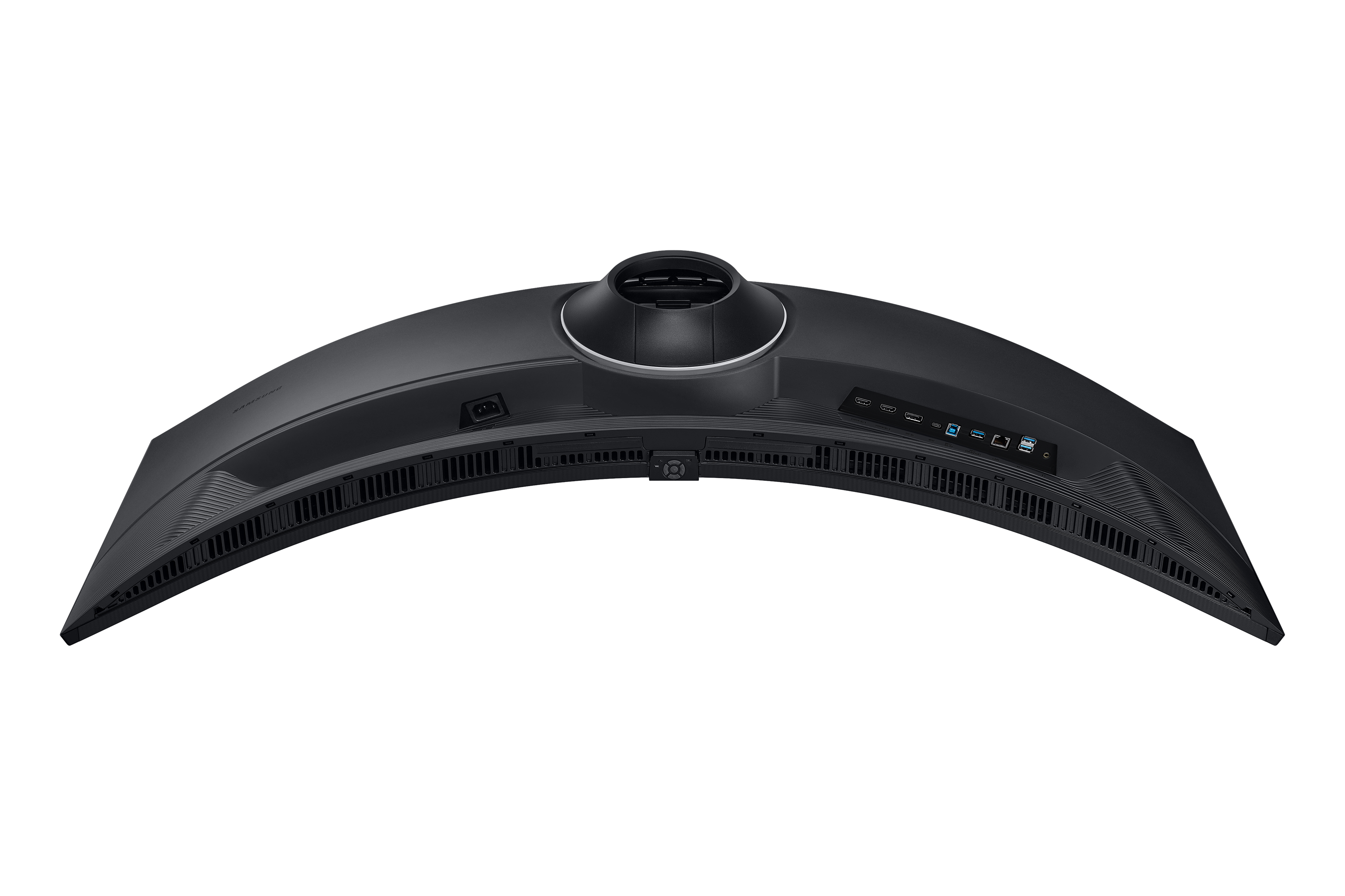 The back of a curved monitor showing ports and ventilation slots.
