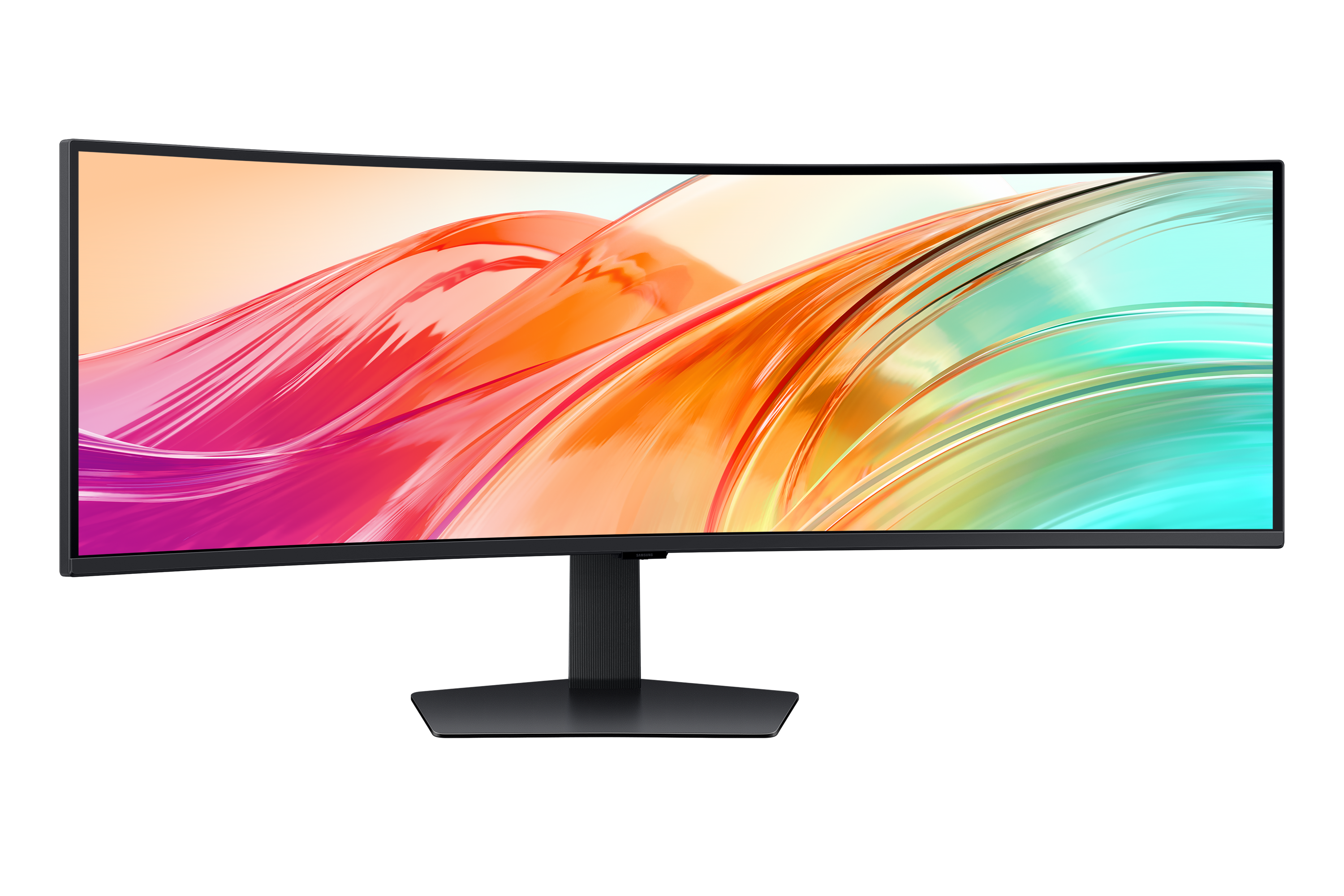 A curved monitor displays a colorful, flowing abstract pattern on its screen.
