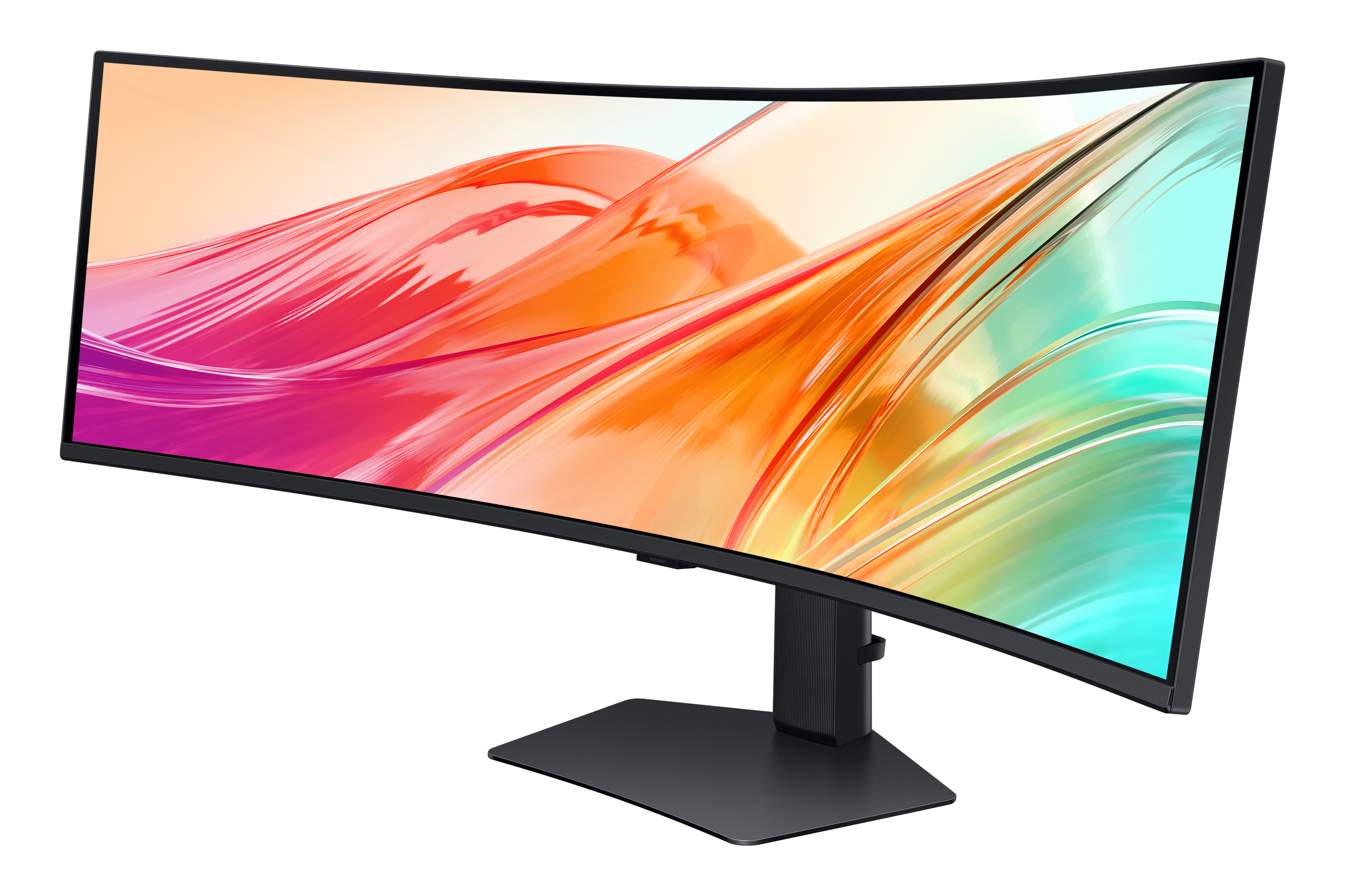 A curved black monitor displaying a colorful abstract background.