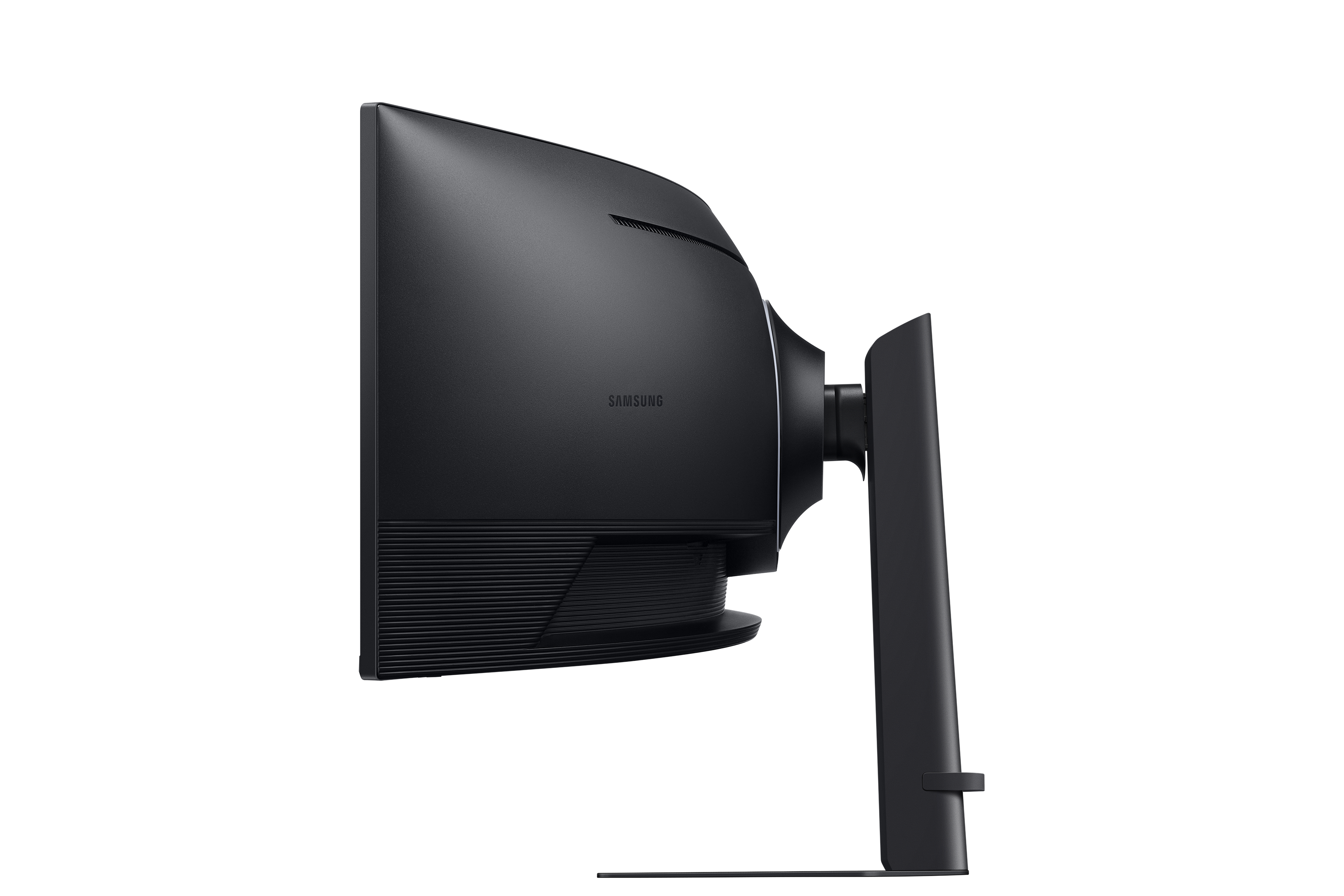 Back view of a black Samsung monitor with ventilation slots and a stand.