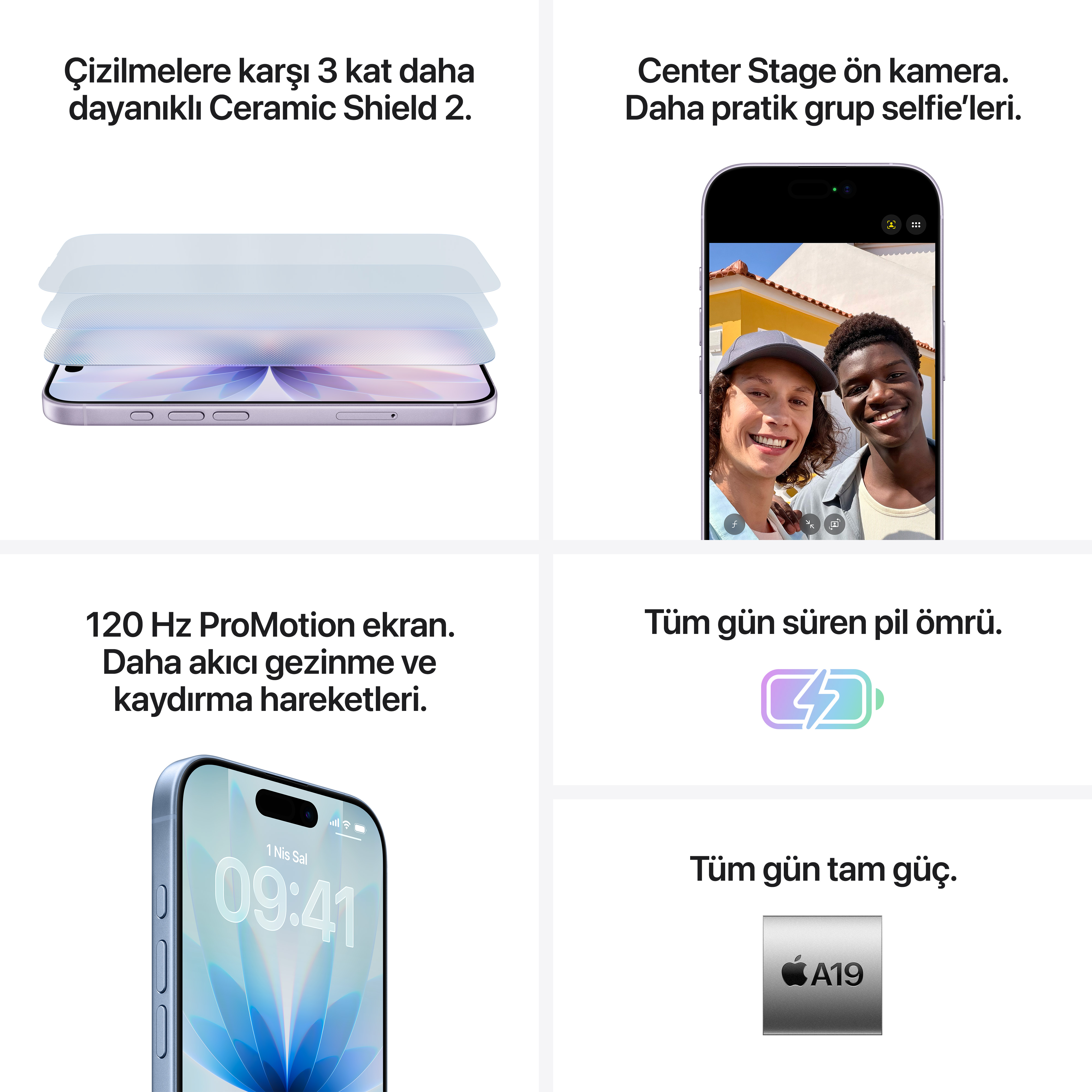 Bir reklam, dayanıklı ekran, ön kamera ve uzun pil ömrü gibi özelliklere sahip bir telefonu sergiliyor.