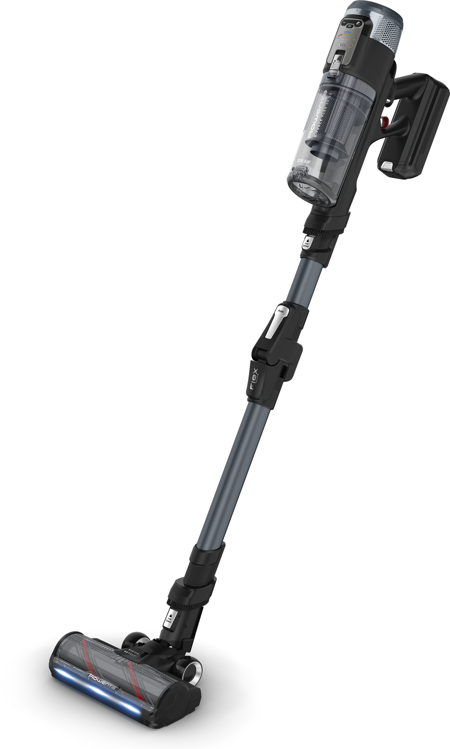 Egy Rowenta X-Force Flex 16.60 akkumulátoros porszívó. Fekete és szürke, különféle funkciókkal. A porszívó fehér háttér előtt van.