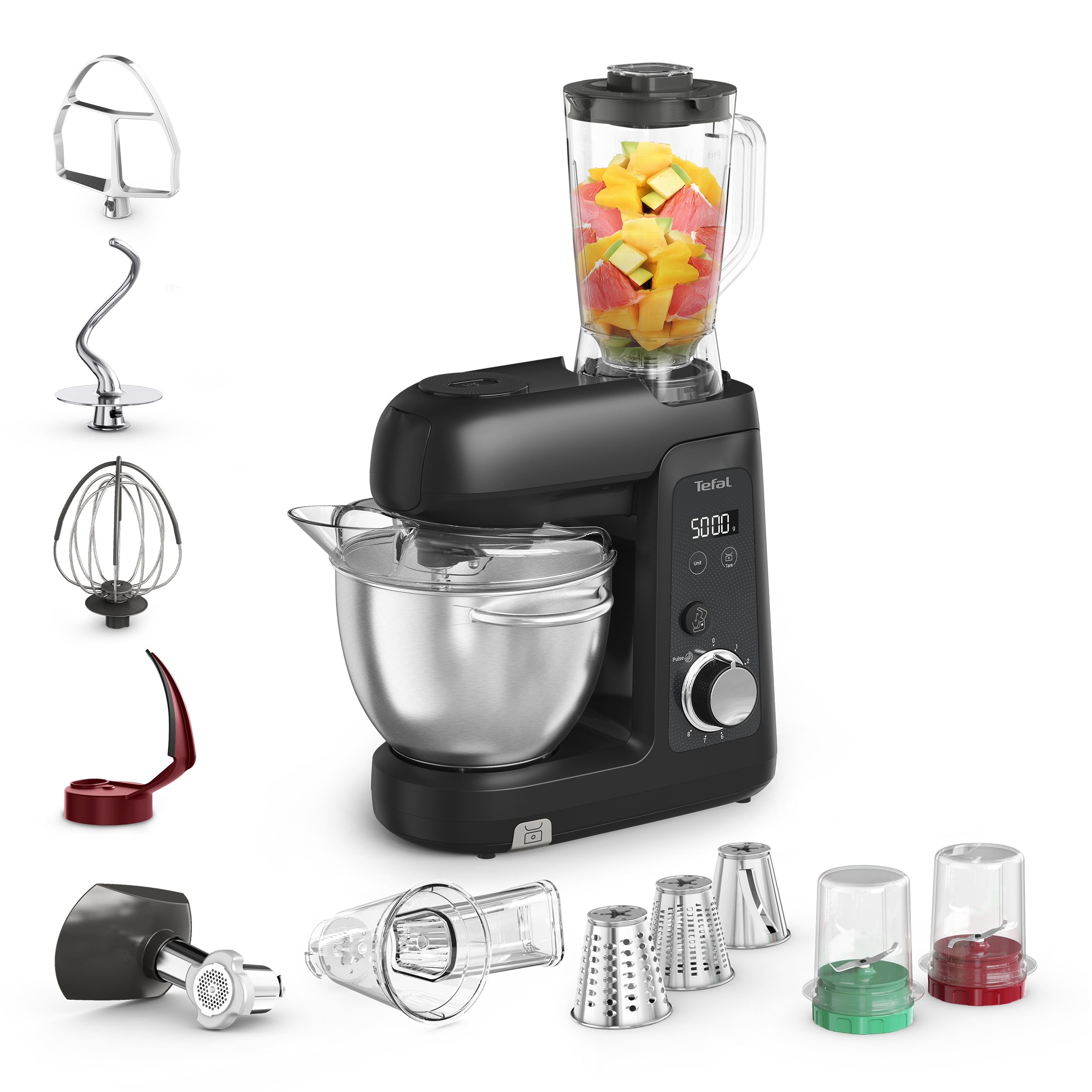 Fekete konyhai robotgép tartozékokkal. Turmixgép gyümölccsel. Tál és különféle pengék. Tefal márka.