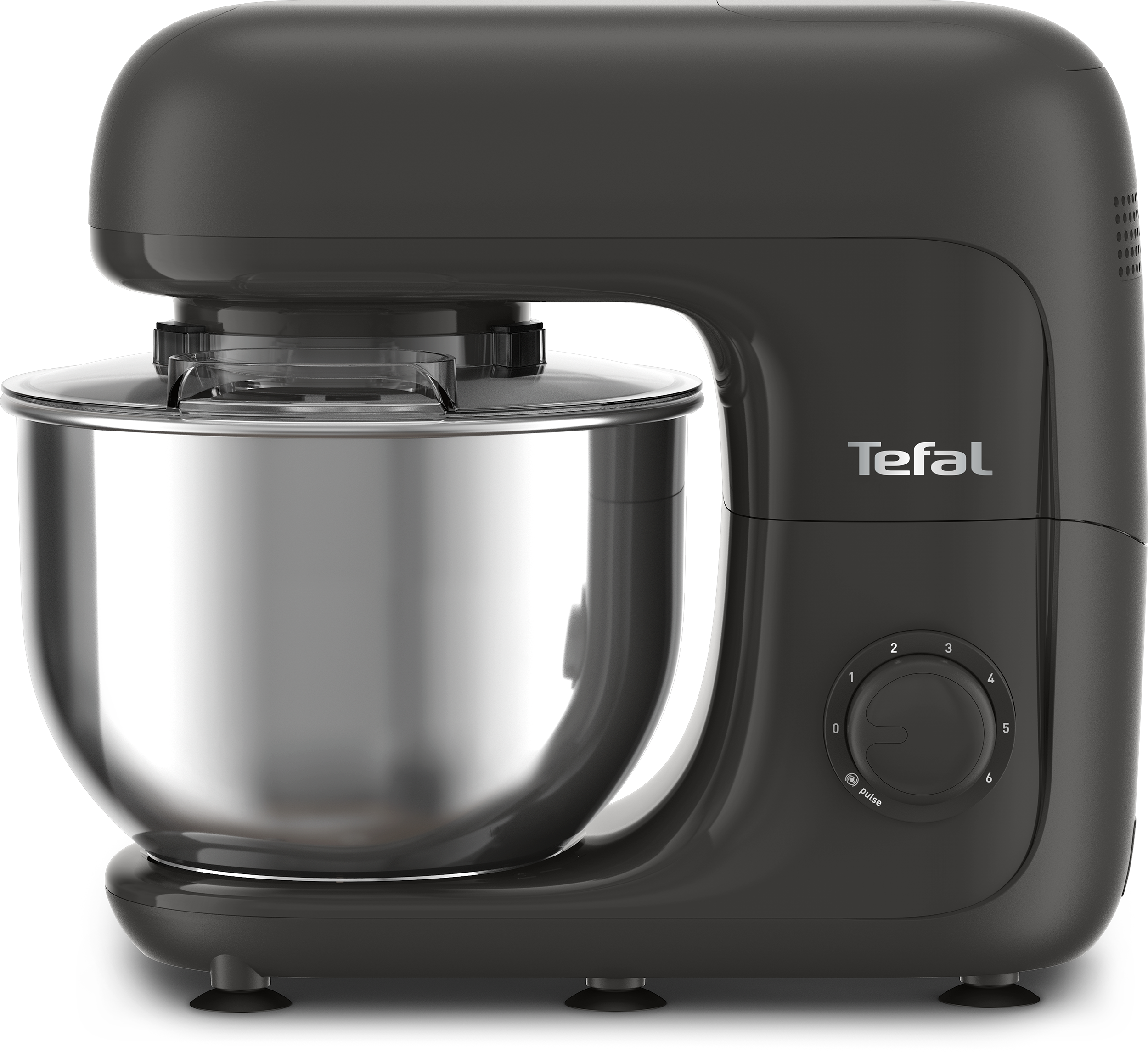 Egy fekete Tefal robotgép rozsdamentes acél tálban. 0-tól 6-ig számlapja van. A márkanév látható.