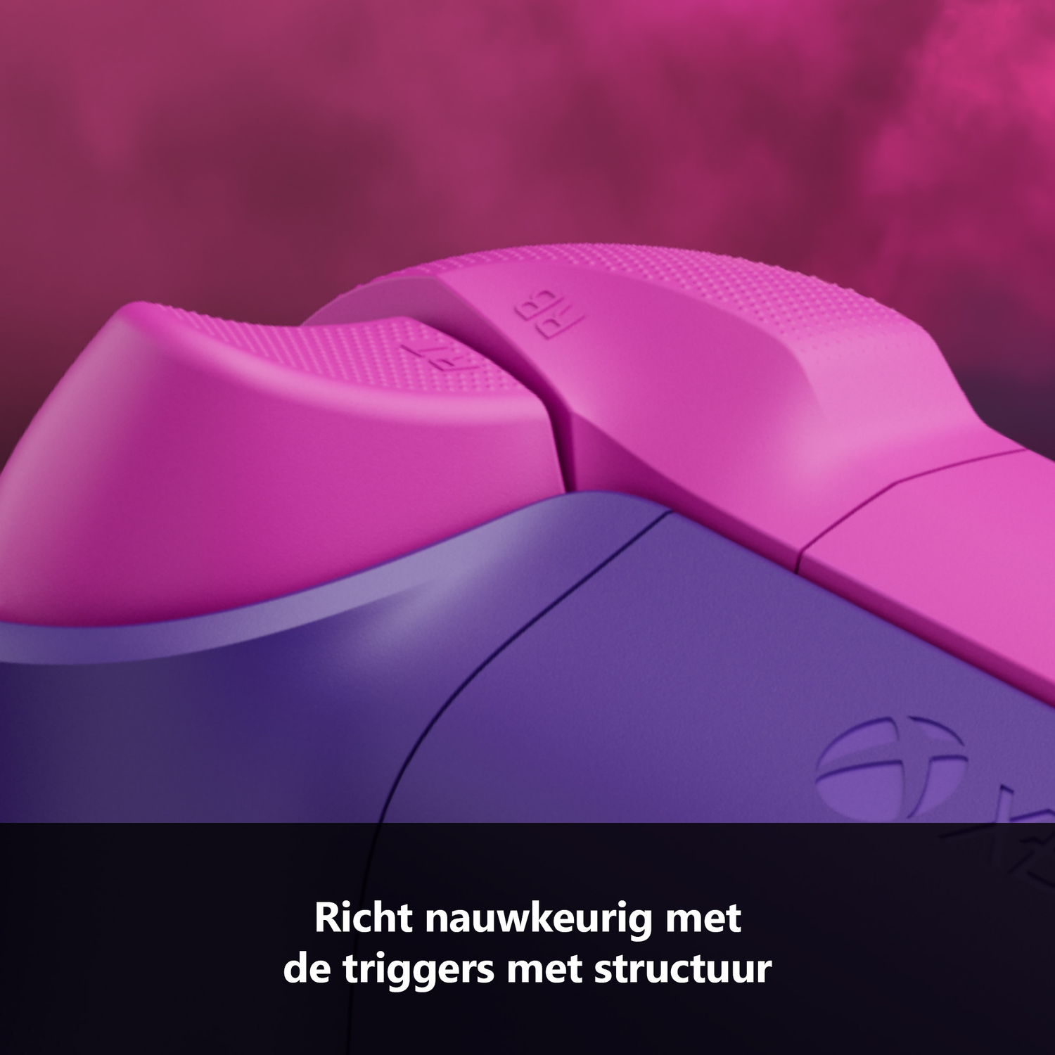 Close-up of a purple and pink game controller. The triggers are textured. The background is a gradient of pink and red.
