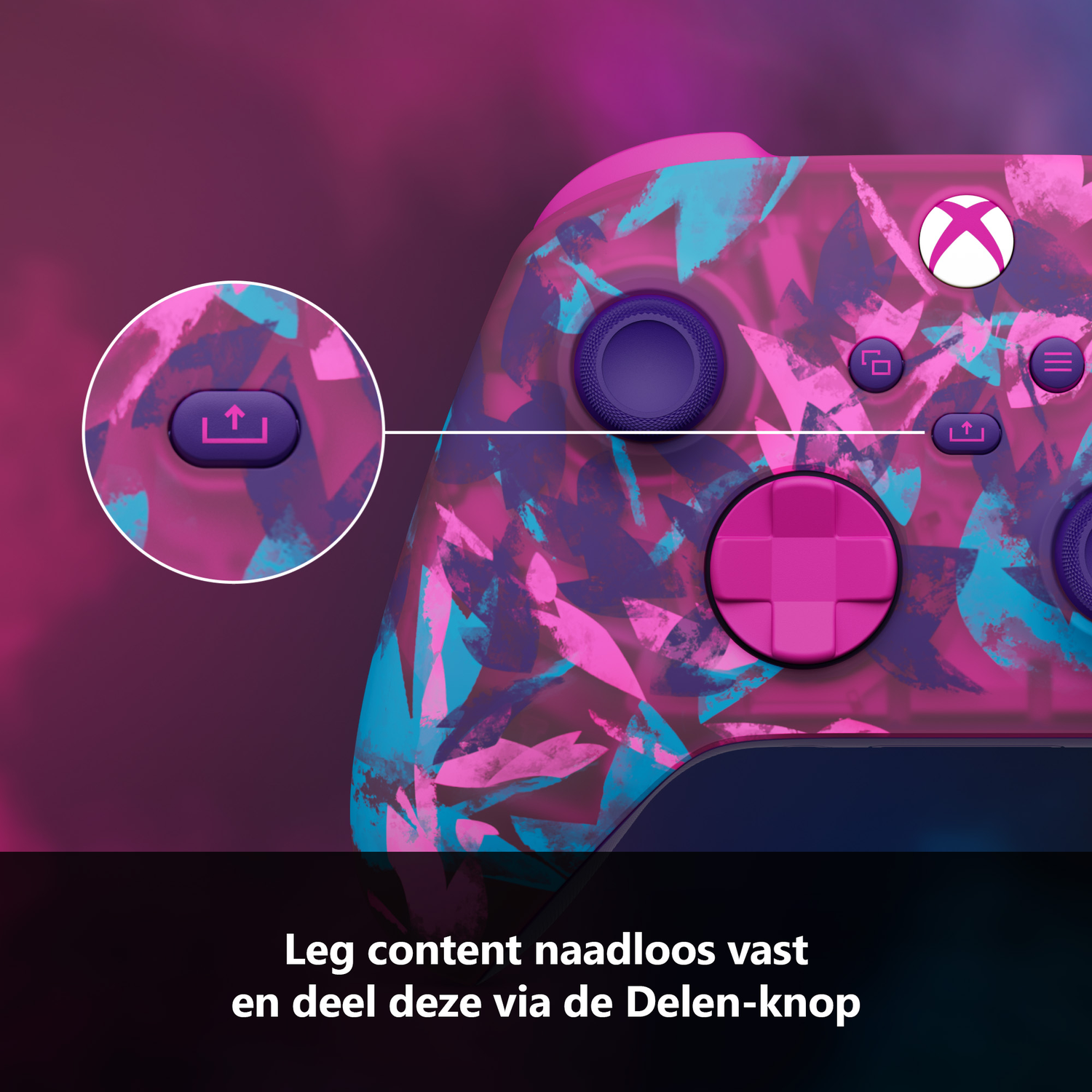 Close-up of Xbox controller with a purple and pink abstract design. Focus on share button and Xbox logo.