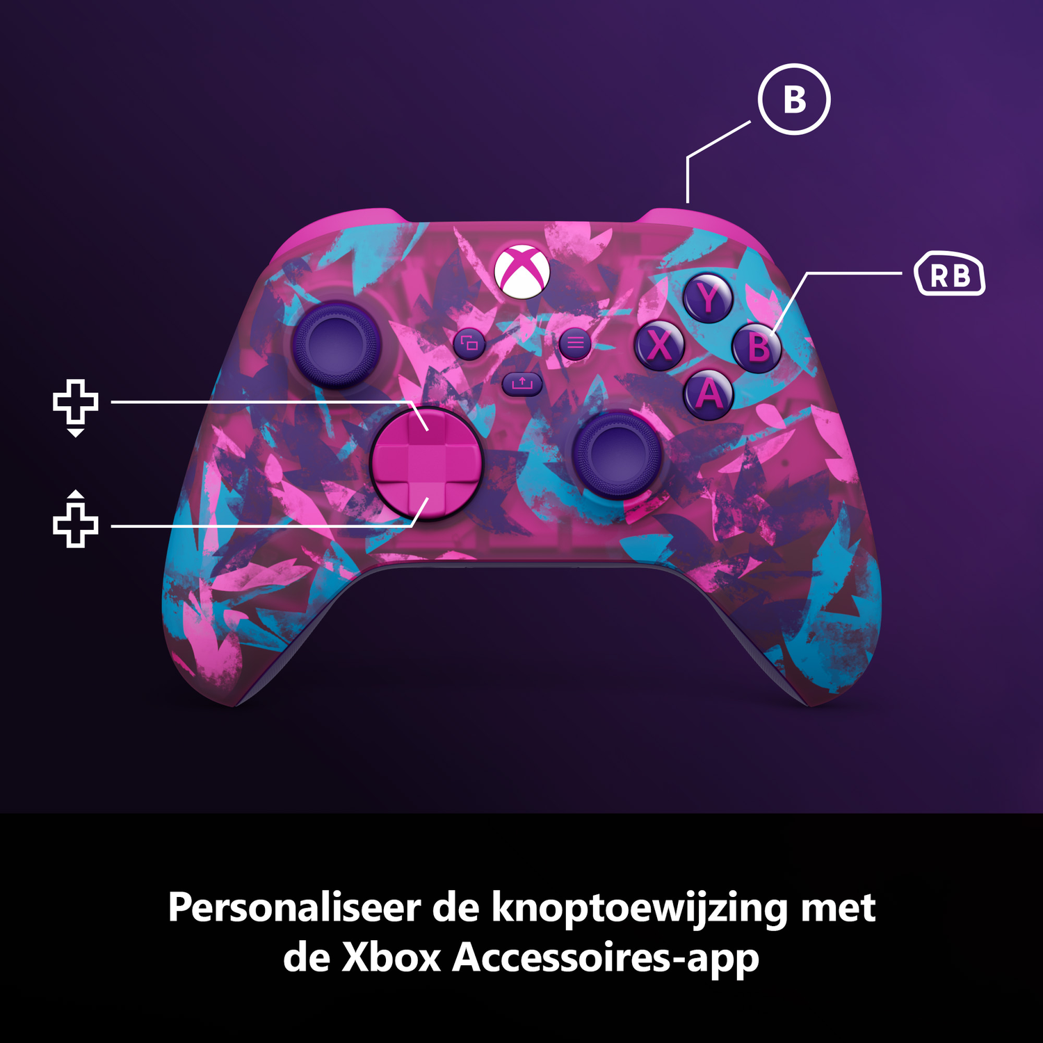 An Xbox controller with pink and blue floral design. It has buttons labeled B, Y, X, A, RB, and a D-pad. The background is dark purple.