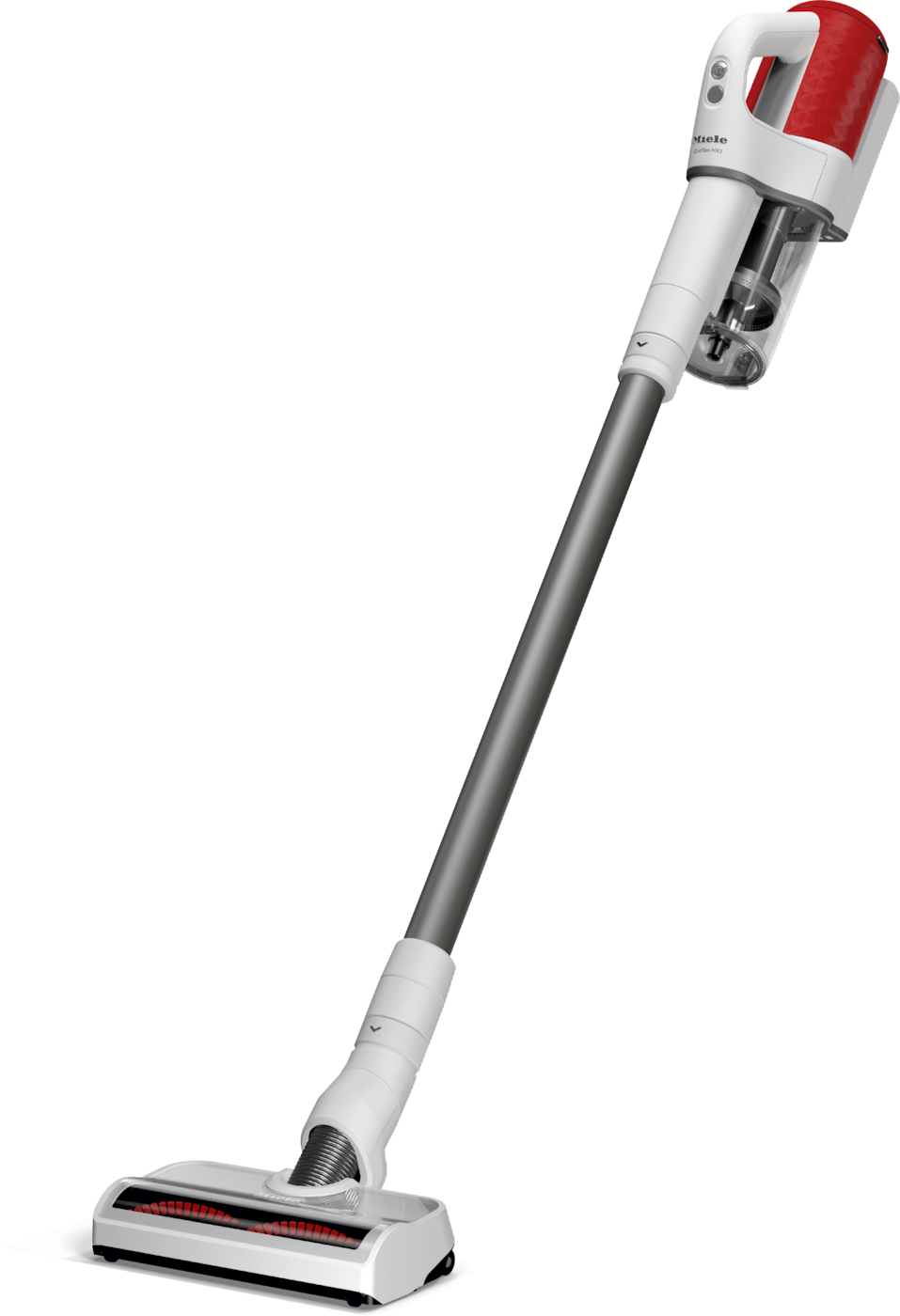 Ein kabelloser Miele-Staubsauger. Weiße, graue und rote Akzente. Abgewinkelt, mit dem Reinigungskopf unten.