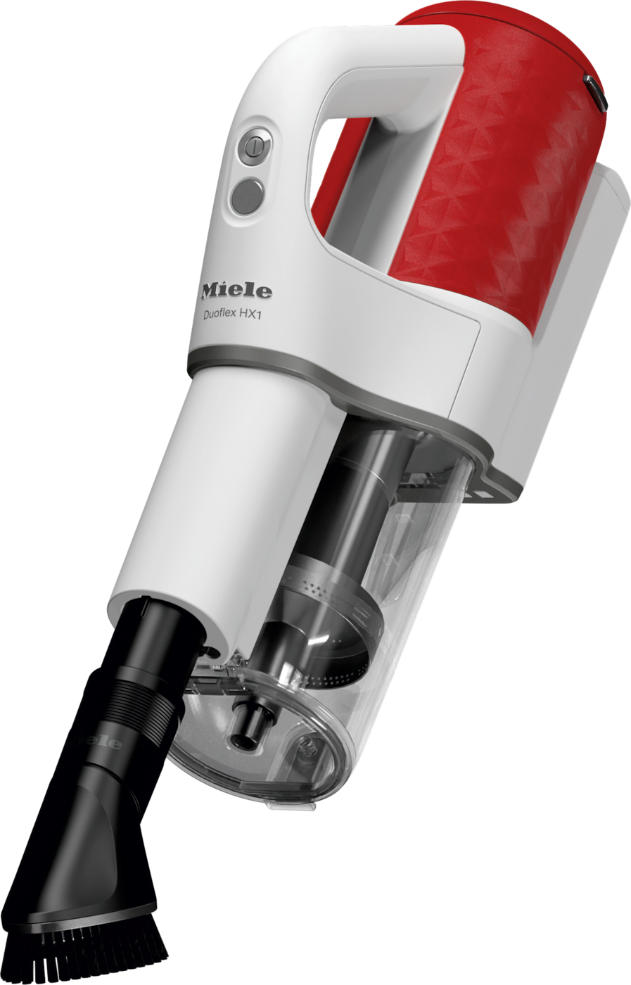 Ein Miele Duoflex HX1 Staubsauger. Er ist weiß und rot mit einer schwarzen Düse. Der Produktname ist sichtbar.
