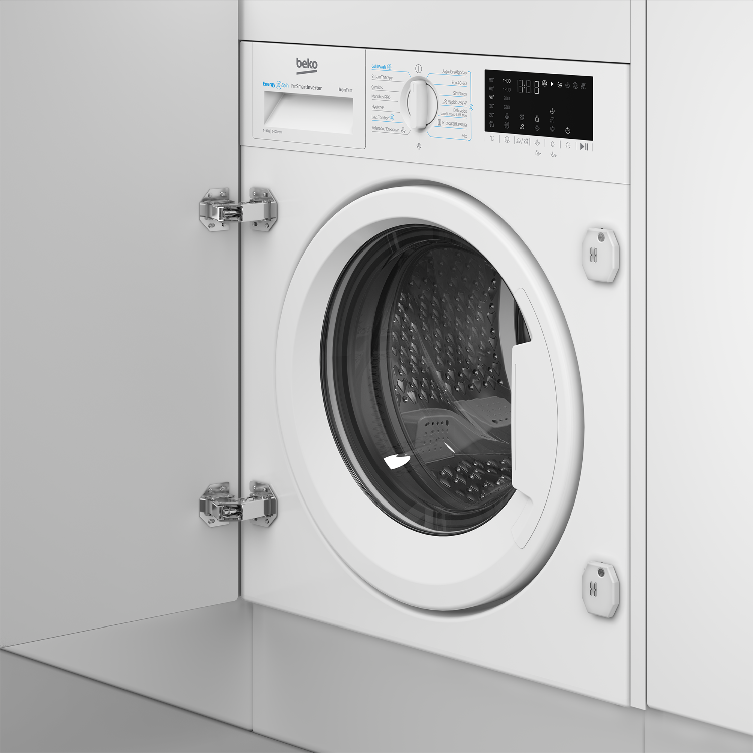 Una lavadora Beko blanca con la puerta abierta. Pantalla digital, botones y panel de control visibles.