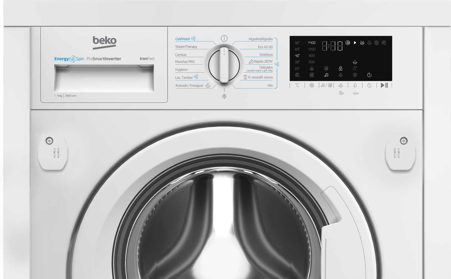 Una lavadora Beko blanca. Tiene un panel de control con diferentes programas y una pantalla digital. La puerta está cerrada.