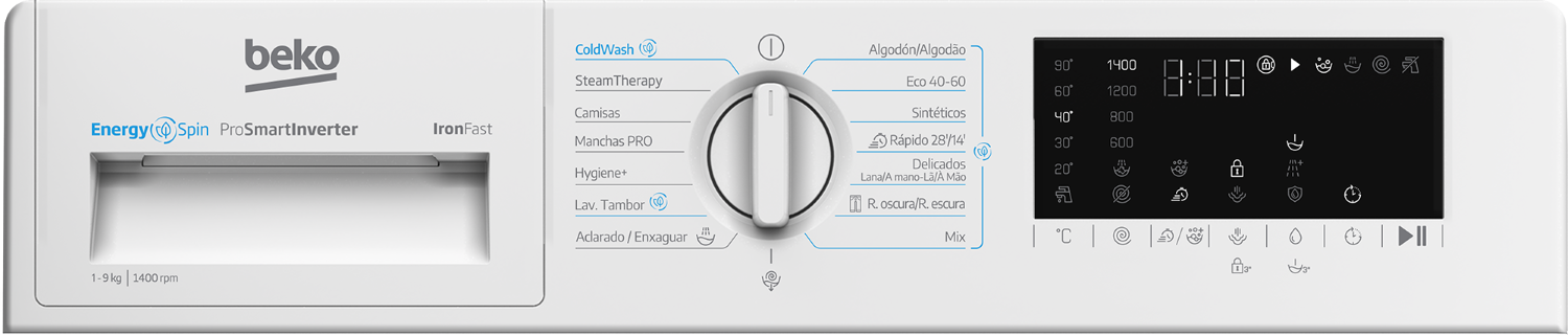 Panel de control de lavadora con dial y pantalla digital mostrando opciones y configuraciones de ciclo de lavado.