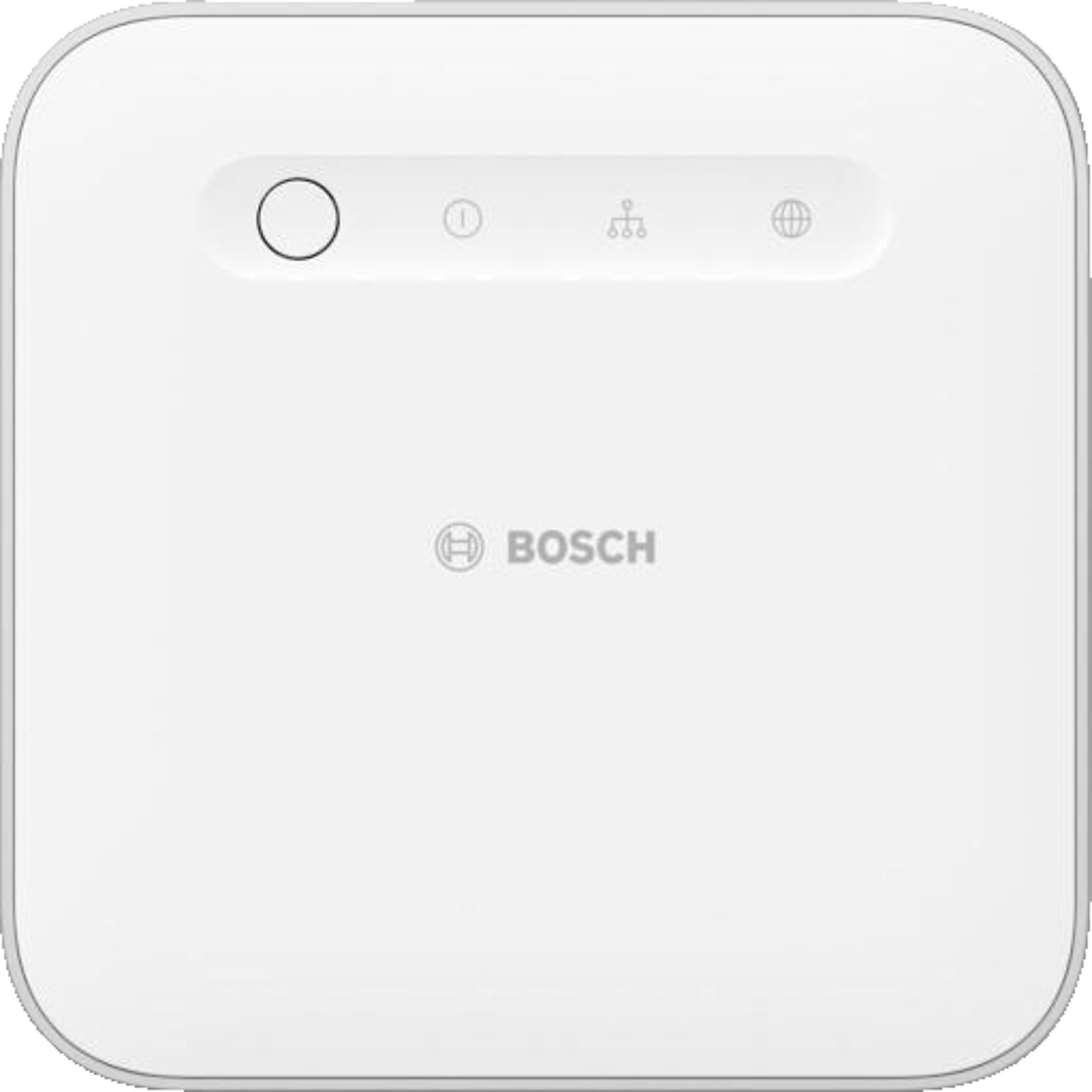 Weißes quadratisches Gerät mit abgerundeten Ecken. Es hat einen Kreis, drei Symbole und das Bosch-Logo.