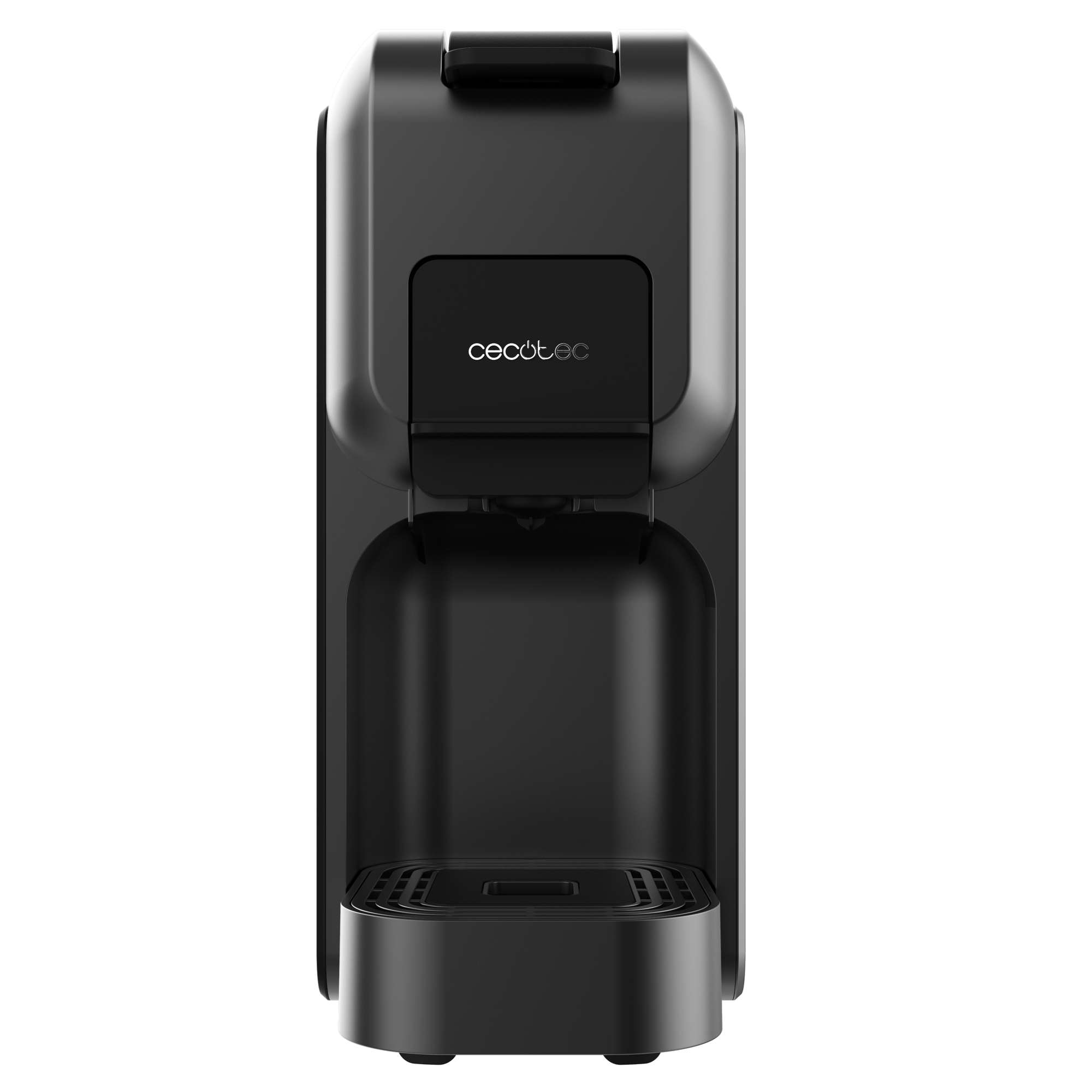 Una cafetera Cecotec negra, con un diseño moderno y elegante. El logotipo de la marca es visible. La máquina está sobre fondo blanco.