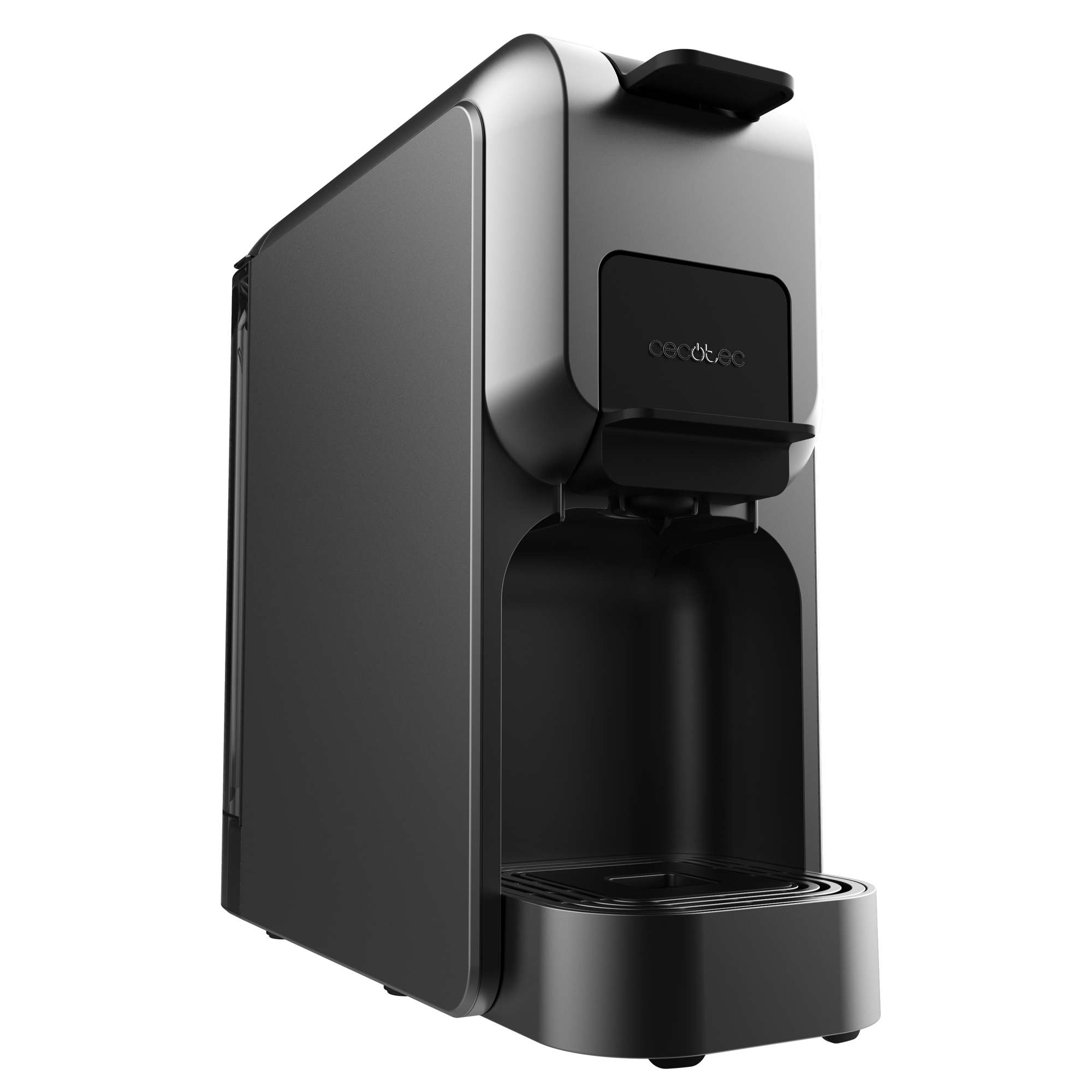 Una cafetera Cecotec negra y gris. Tiene un diseño curvo, un depósito de agua y un área de inserción de cápsulas.