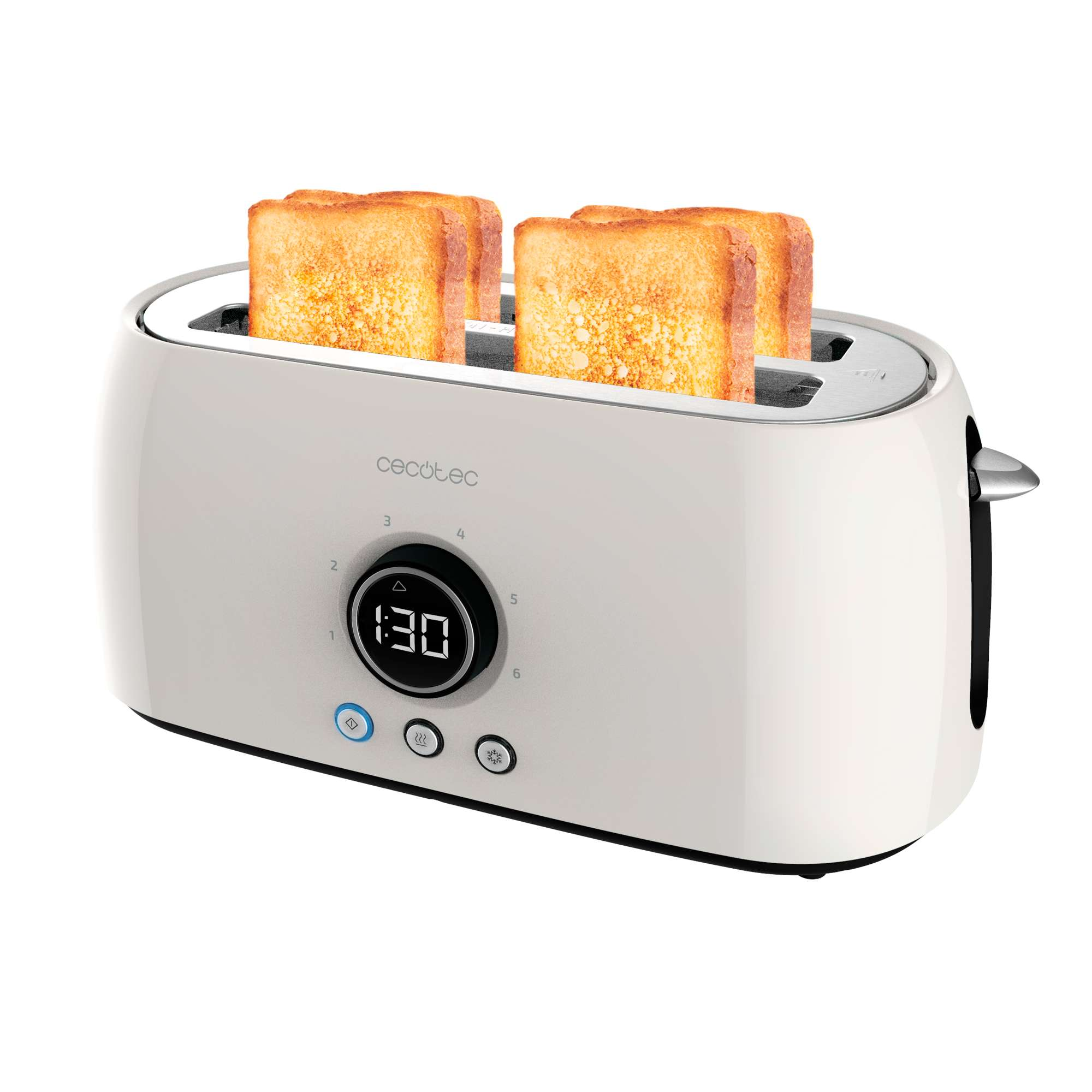Una tostadora blanca con cuatro rebanadas de pan tostado. Tiene un temporizador digital y botones de control. Tostadas doradas.