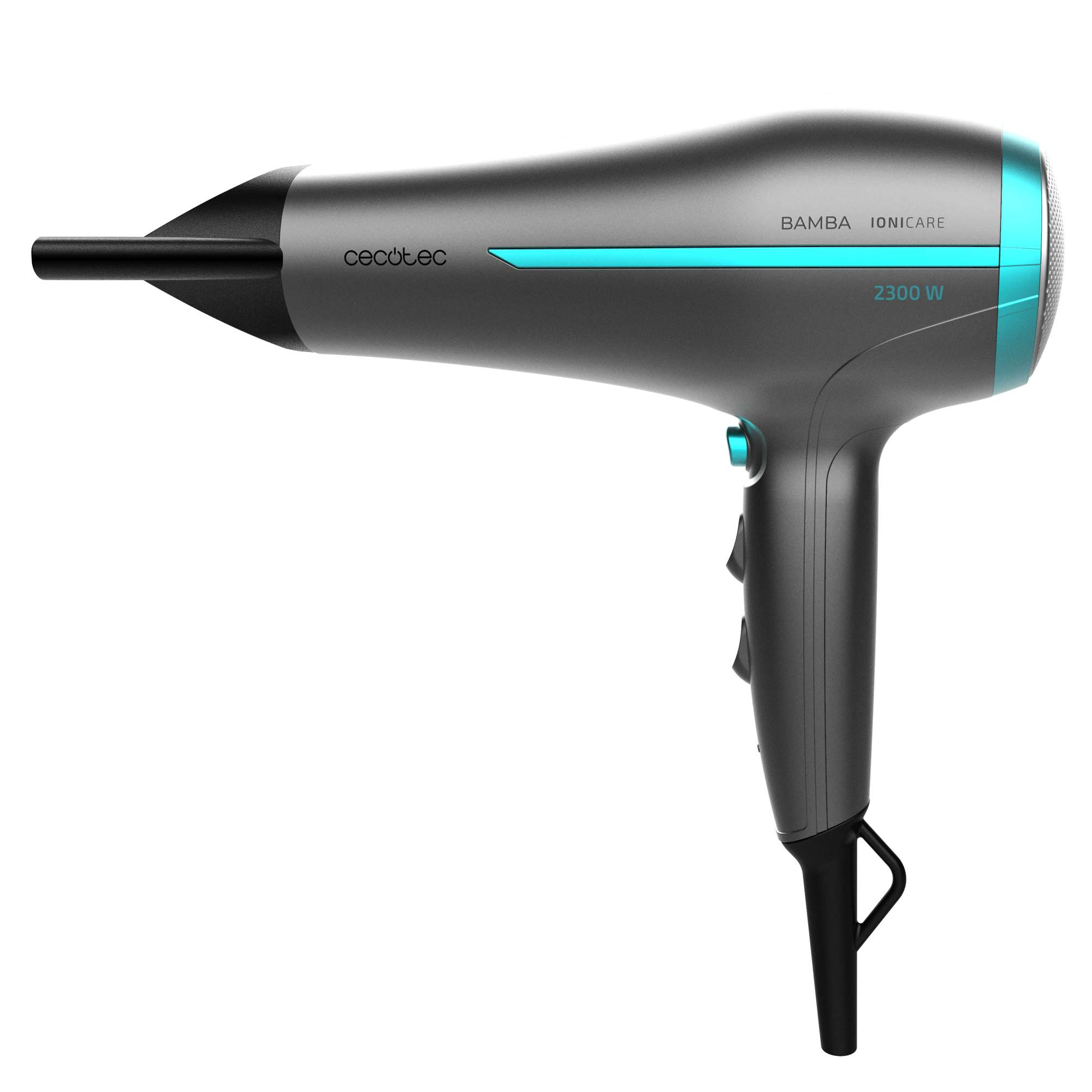 Un secador de pelo gris con detalles turquesas. Marca Cecotec. Modelo Bamba Ionicare 2300 W.