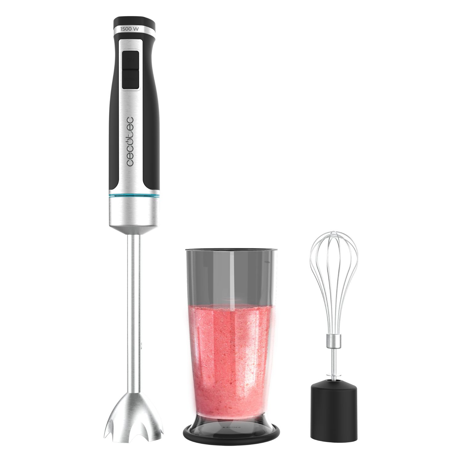 Una batidora de mano negra y plateada, un vaso de batido rosa y un batidor sobre un fondo negro.