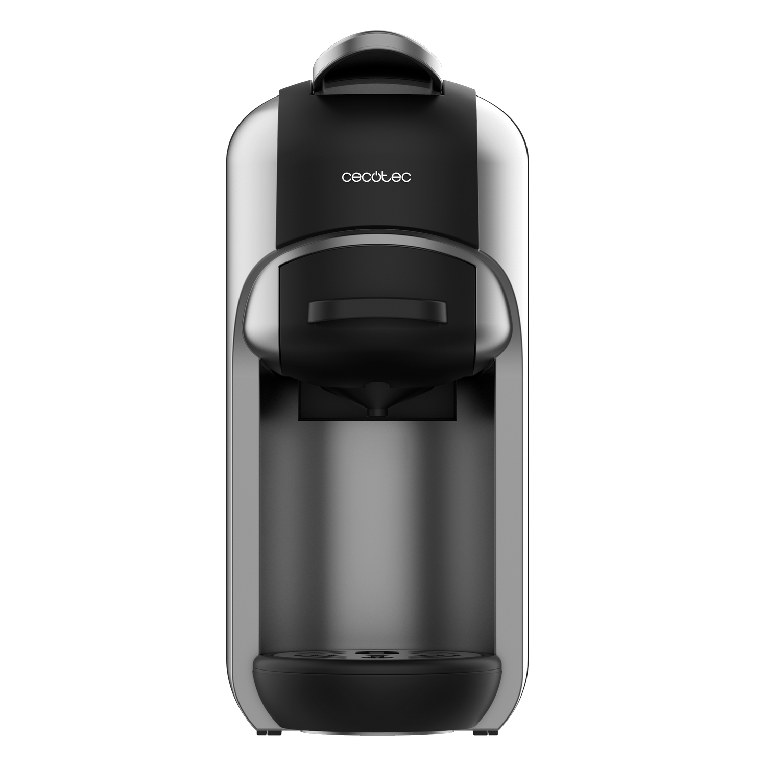 Una cafetera de cápsulas Cecotec negra y plateada. Tiene un diseño redondeado con una parte superior negra y un cuerpo plateado.