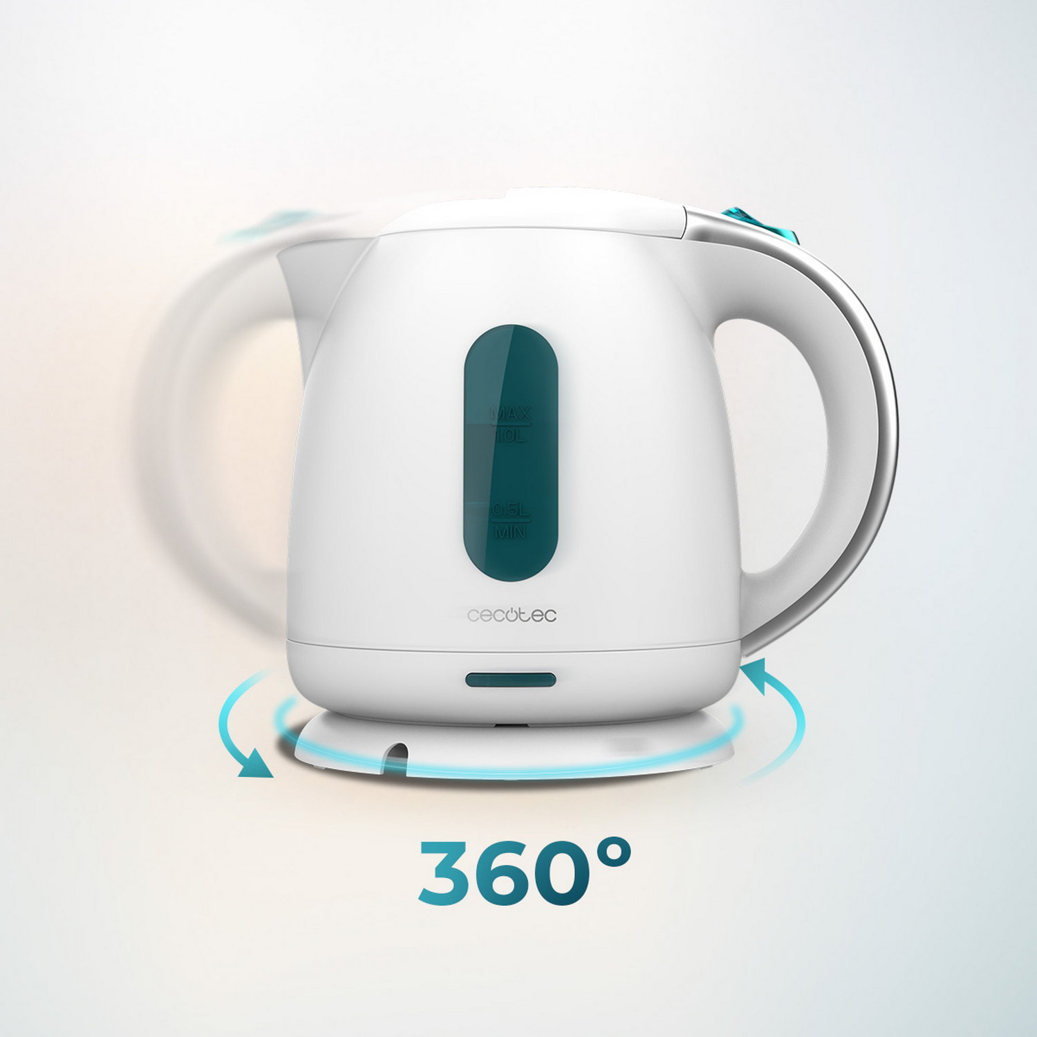 Un hervidor eléctrico blanco con detalles turquesa sobre un fondo claro. Flechas indican una rotación de 360 grados.