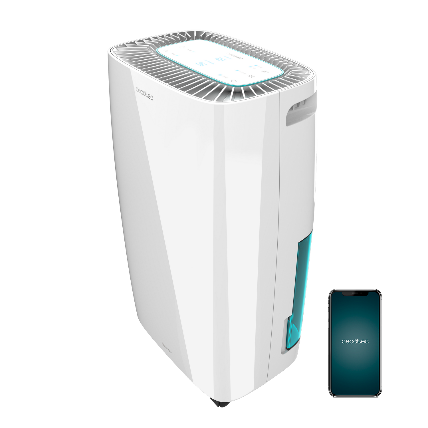 Un deshumidificador blanco con un depósito de agua azul y un smartphone con el logotipo de Cecotec. El deshumidificador está sobre un fondo gris.