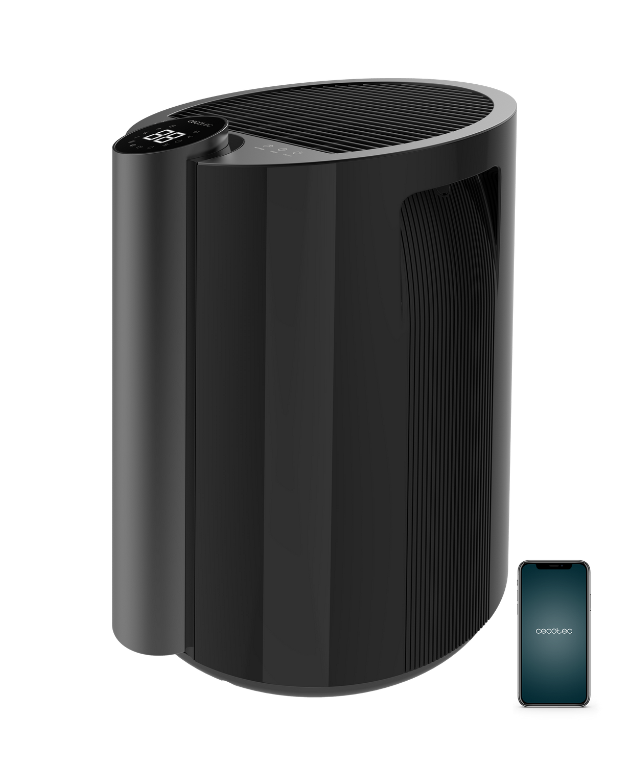 Un purificador de aire negro con pantalla digital y un smartphone con el logo de Cecotec. El fondo es gris.
