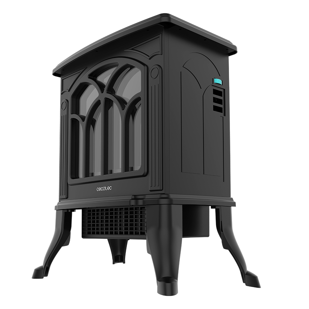 Una chimenea eléctrica negra con panel de vidrio arqueado. La marca 'cecotec' es visible. Tiene cuatro patas y una parte superior.