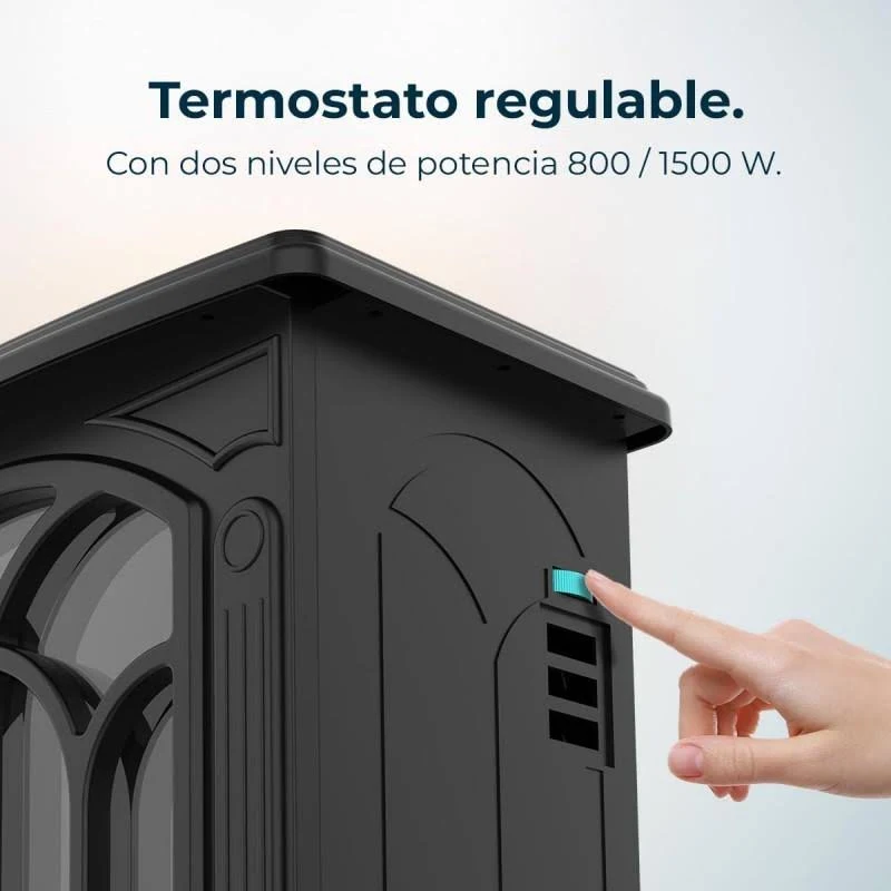 Calentador negro con mano tocando el interruptor. Texto: 'Termostato ajustable' y niveles de potencia.