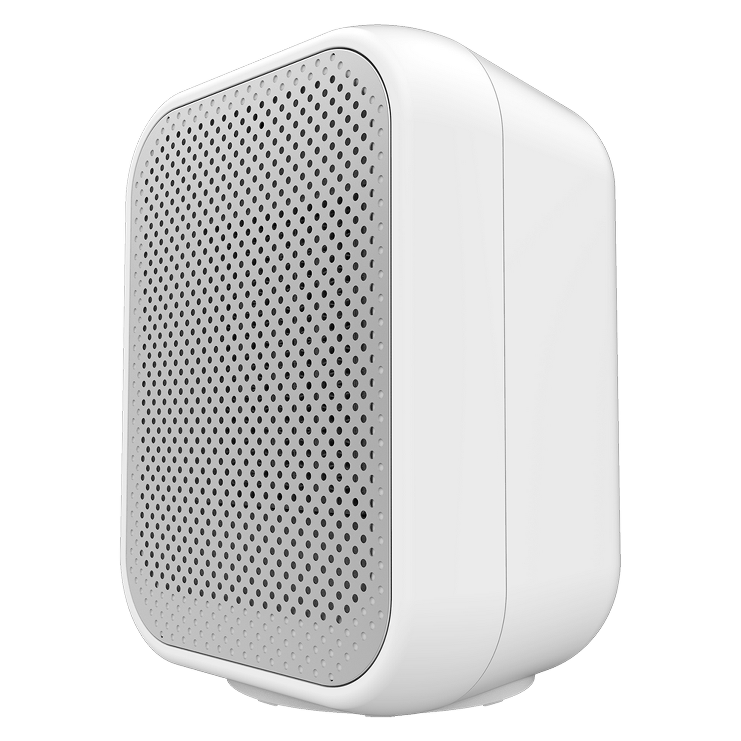 Un dispositivo rectangular blanco y redondeado con un panel frontal gris perforado está aislado sobre un fondo gris. Parece ser un altavoz.