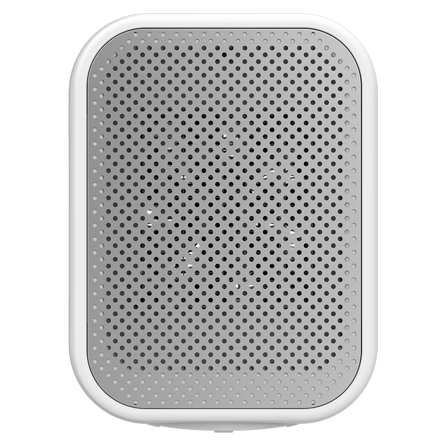 Un altavoz blanco, rectangular y redondeado con una rejilla metálica perforada. El fondo es de color gris sólido.