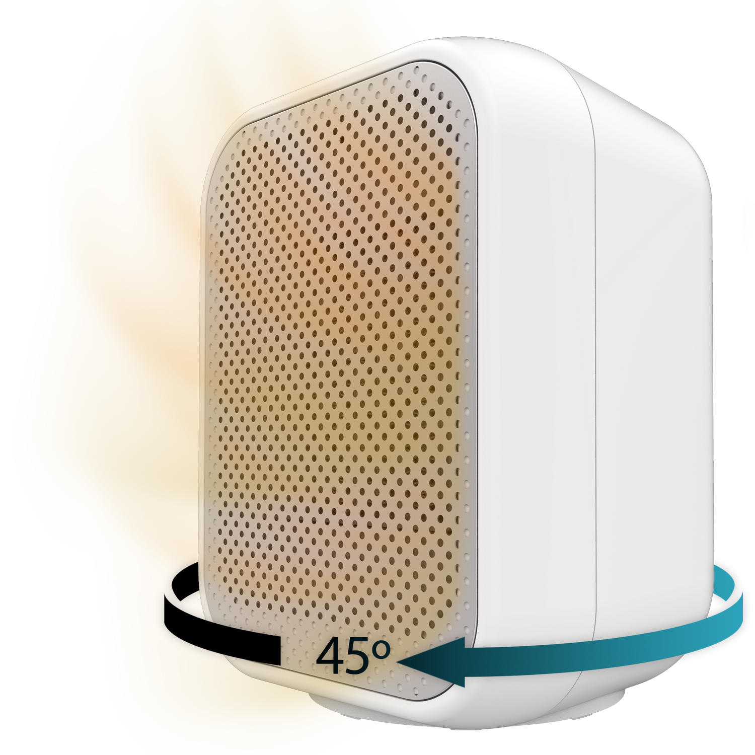 Un dispositivo blanco con un lado perforado gira 45 grados, indicado por flechas. Una forma amarilla está en el fondo.