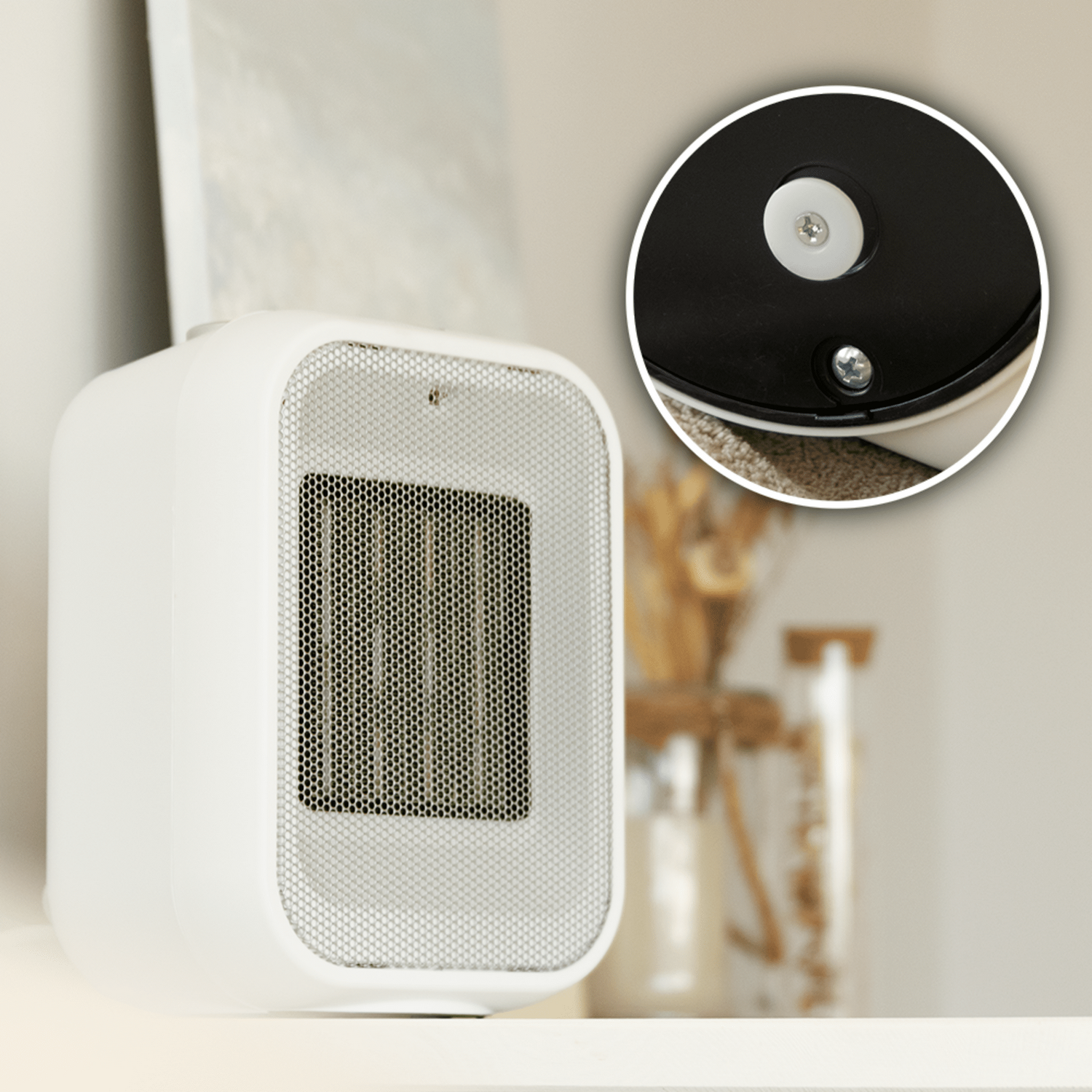 Un calefactor eléctrico blanco con frente de malla metálica. Un inserto detallado muestra la parte inferior con tornillos. Plantas secas y un jarrón al fondo.