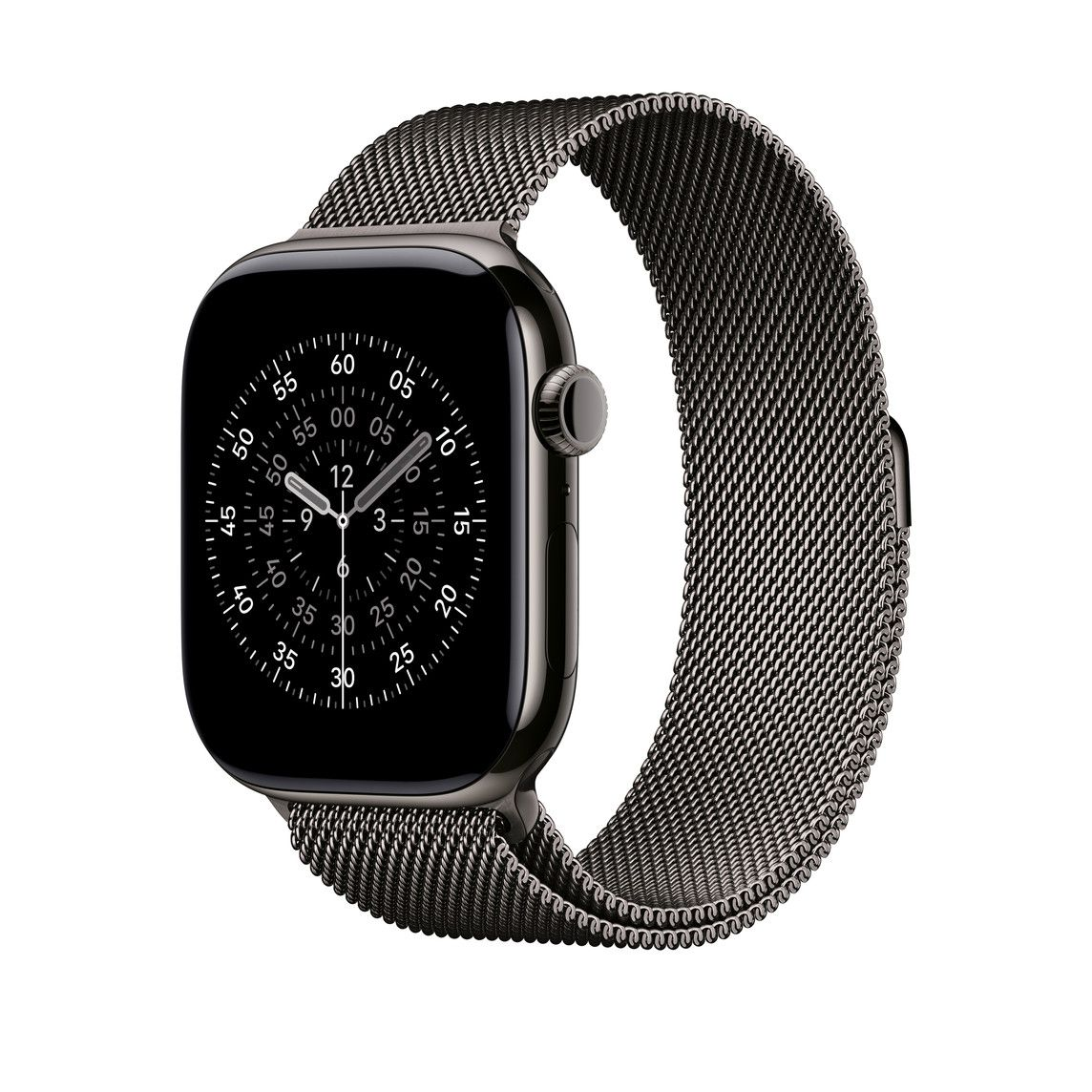 Egy sötétszürke Apple Watch látható hálós szíjjal. Az óra számlapja egy fekete képernyős és fehér jelzésű órát mutat.