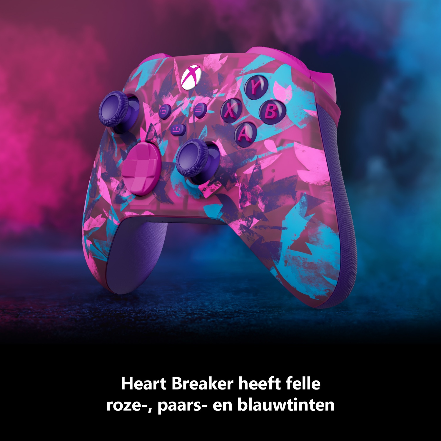 Xbox controller with pink, purple, and blue floral design. Buttons and joysticks are purple. Background has pink and blue hues.