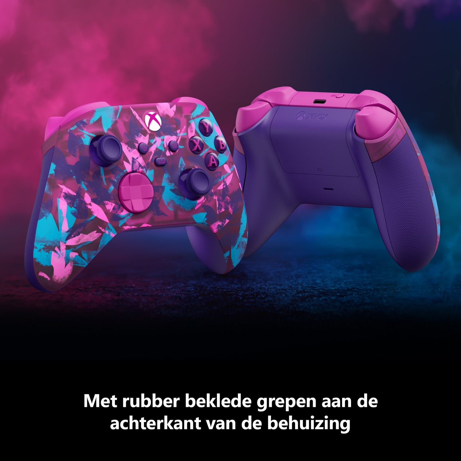 Two Xbox controllers with purple, pink, and teal camouflage design. The background has pink and blue lighting.