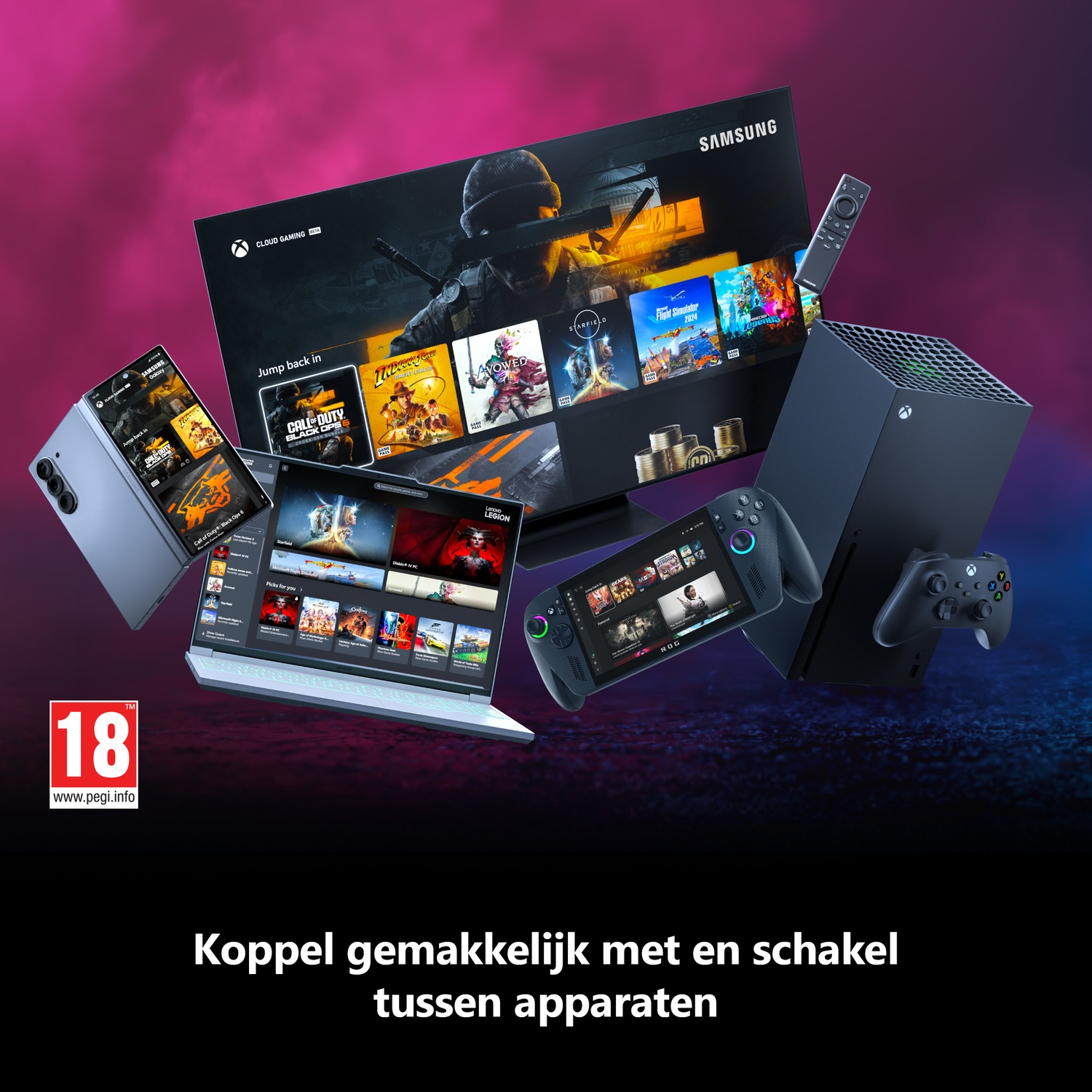 A promotional image showing a TV, phone, laptop, game console, controller, and handheld console, showcasing cloud gaming capabilities.