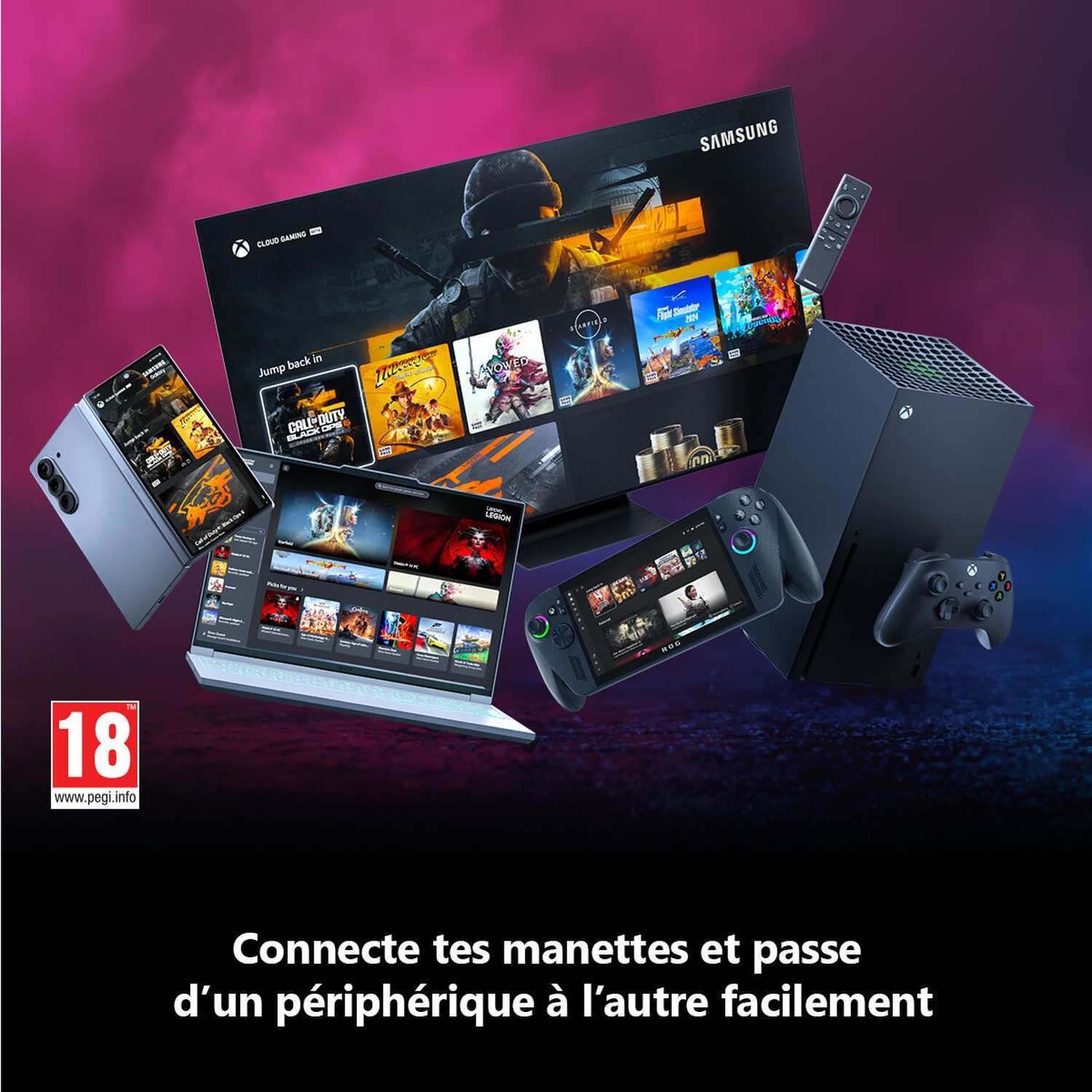Configuration de jeu : TV, téléphone, ordinateur portable et console avec manettes, affichant des interfaces de jeu. Logo 18+.