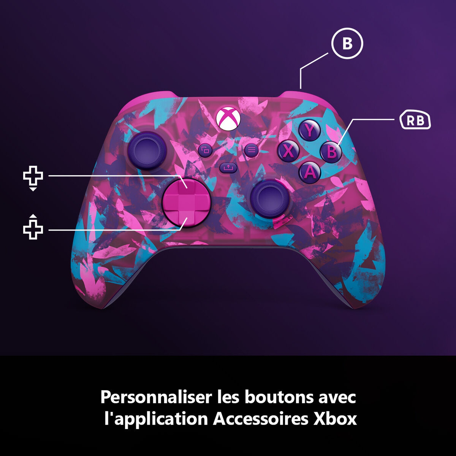 Une manette Xbox avec un motif floral rose, bleu et violet. Boutons étiquetés. Texte en bas: 'Personnalisez…Xbox'.