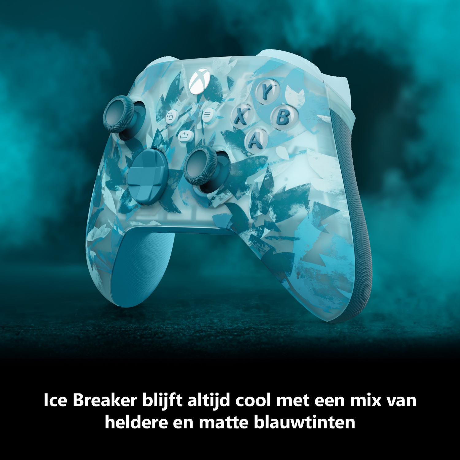 A blue Xbox controller with a cool ice design. The background is a gradient of dark and light blue.