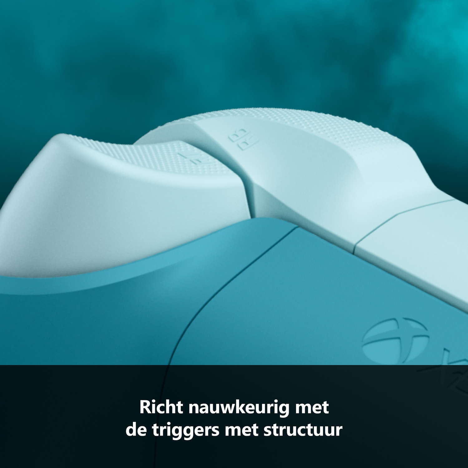 Close-up of a white and blue gaming controller with textured triggers. The background is a gradient of teal and blue.