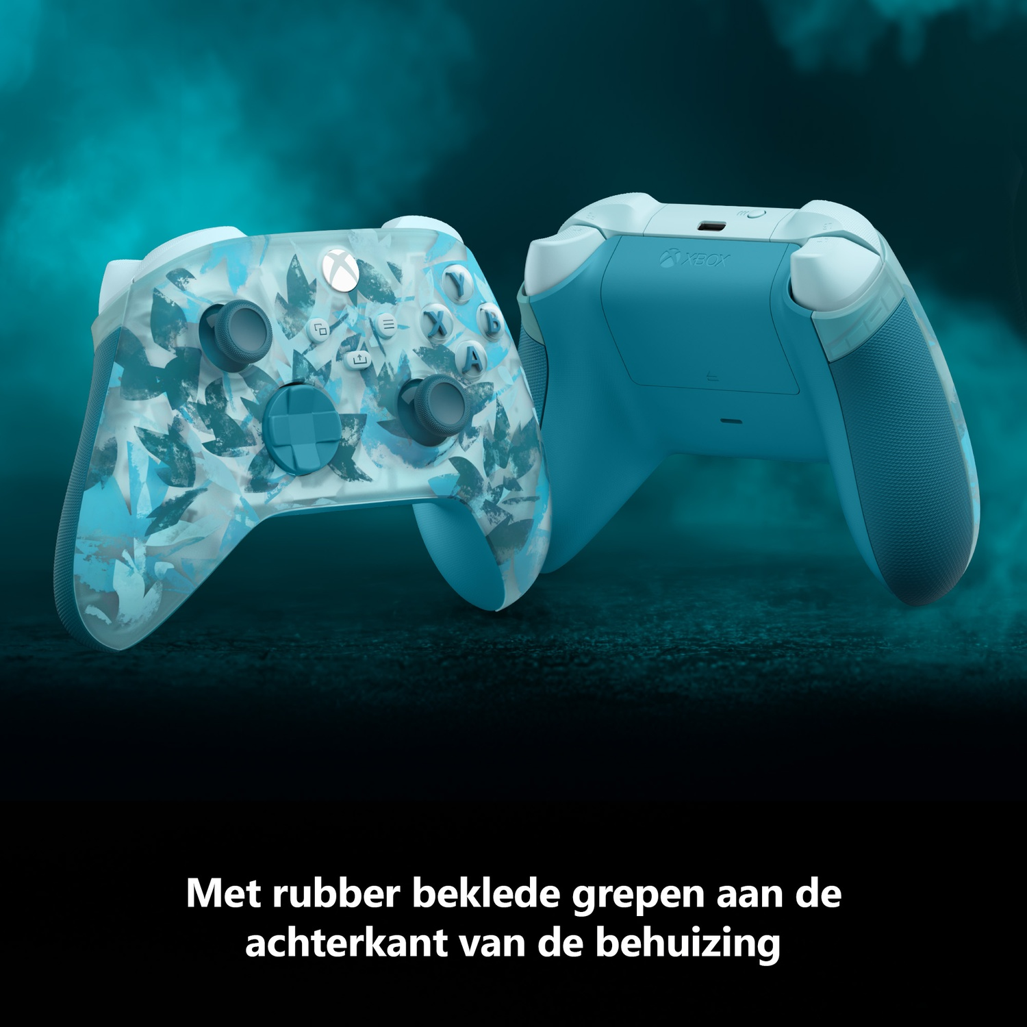 Two Xbox controllers. One has a leaf pattern on the front. Both are blue and white. The background is blue and black.