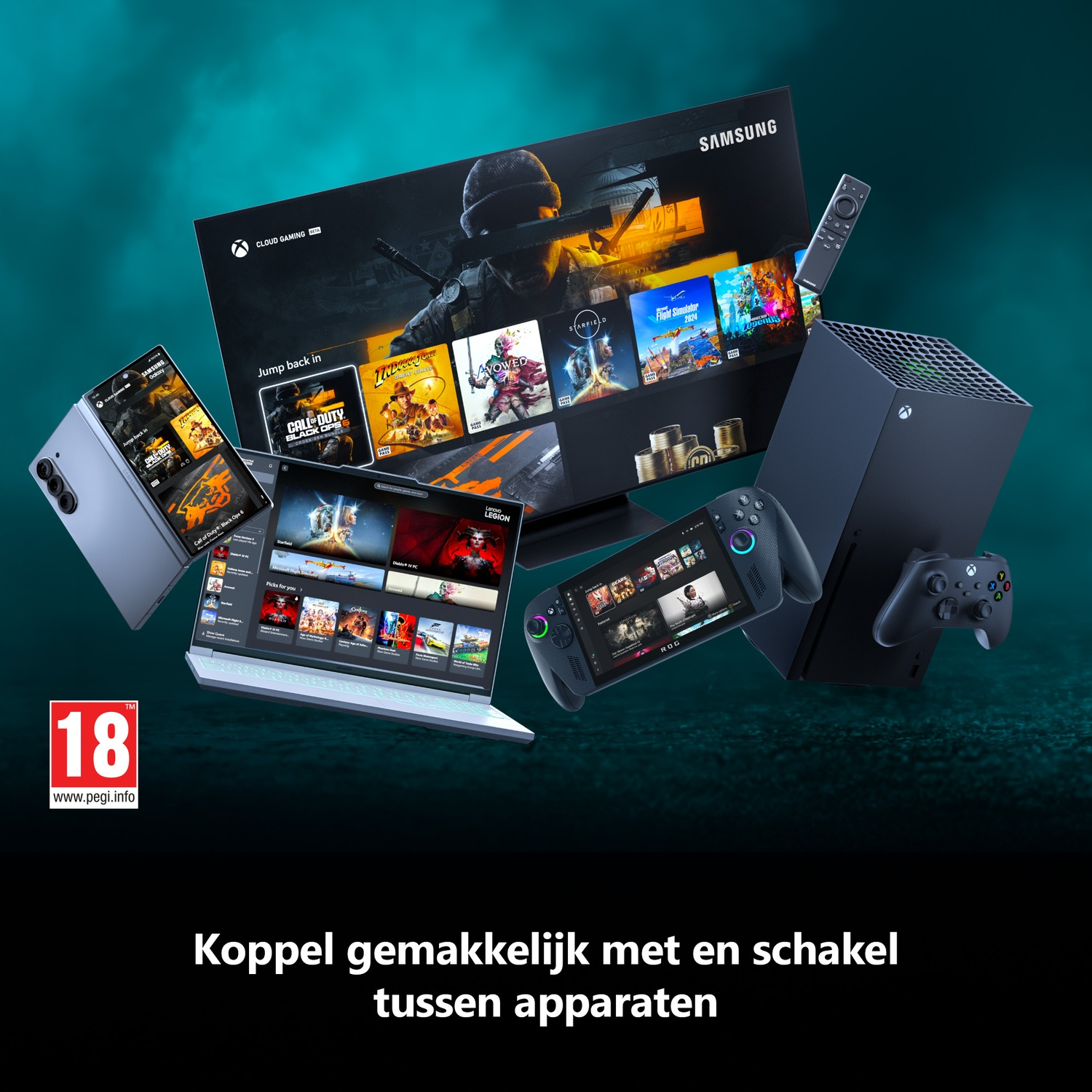 A collection of gaming devices, including a TV, phone, laptop, and console, featuring game interfaces and the PEGI 18 logo.